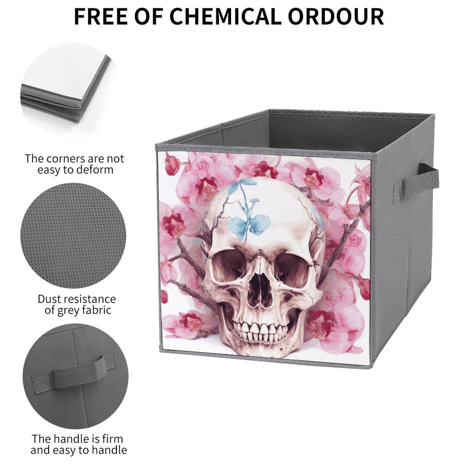 6PCS Collapsible Storage Bins with Handles - Skull & Pink Floral Printed Foldable Organizer Boxes for Home, Closet, Office & Shelf Organization | Space Saving Storage Solutions for Toys, Books & Household Items