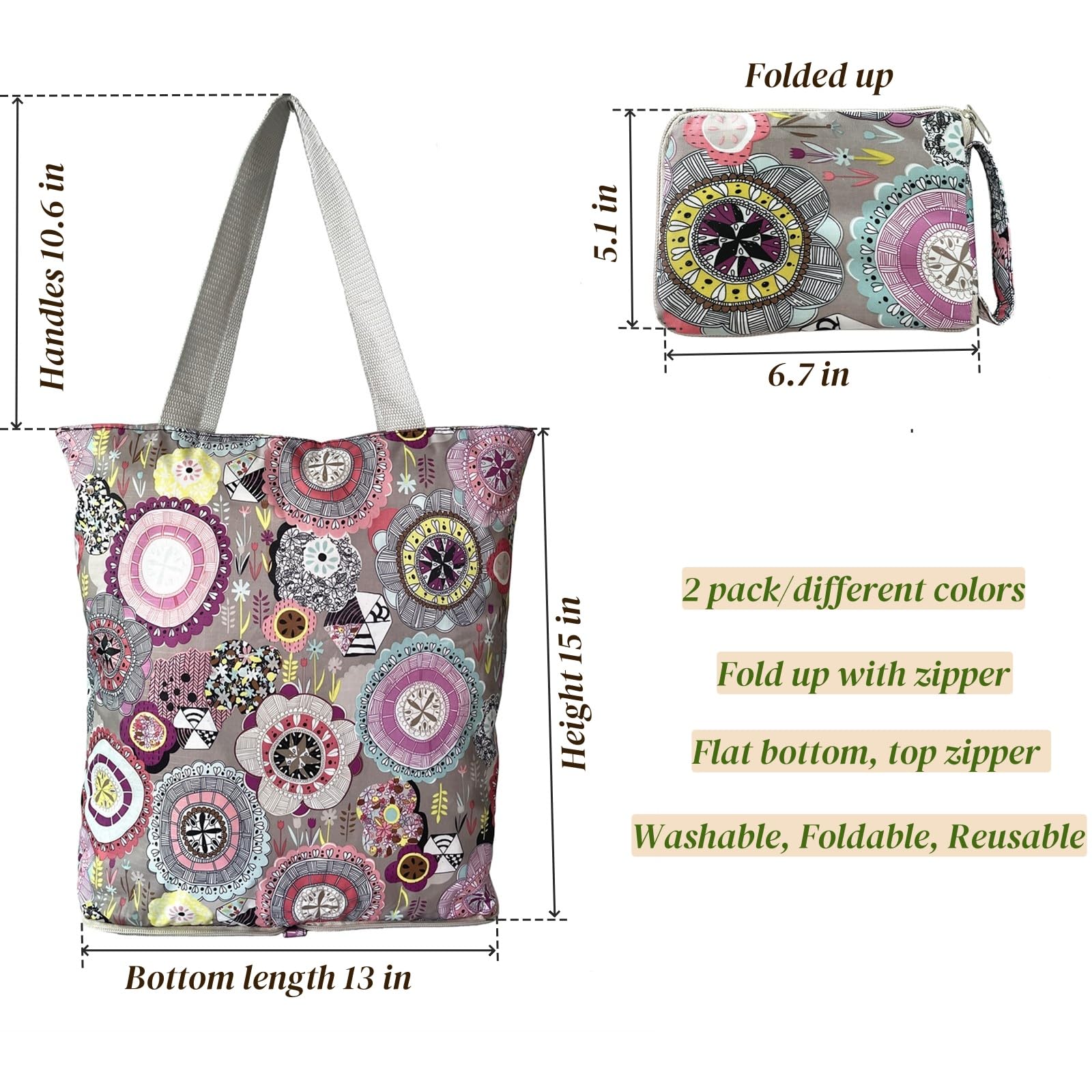Foldable Waterproof Grocery Tote Bags 2 Pack - Large Reusable Shopping Bags with Zipper Closure, Lightweight & Durable for Daily Use - Floral Design for Groceries, Beach Trips, and Farmers Market Shopping