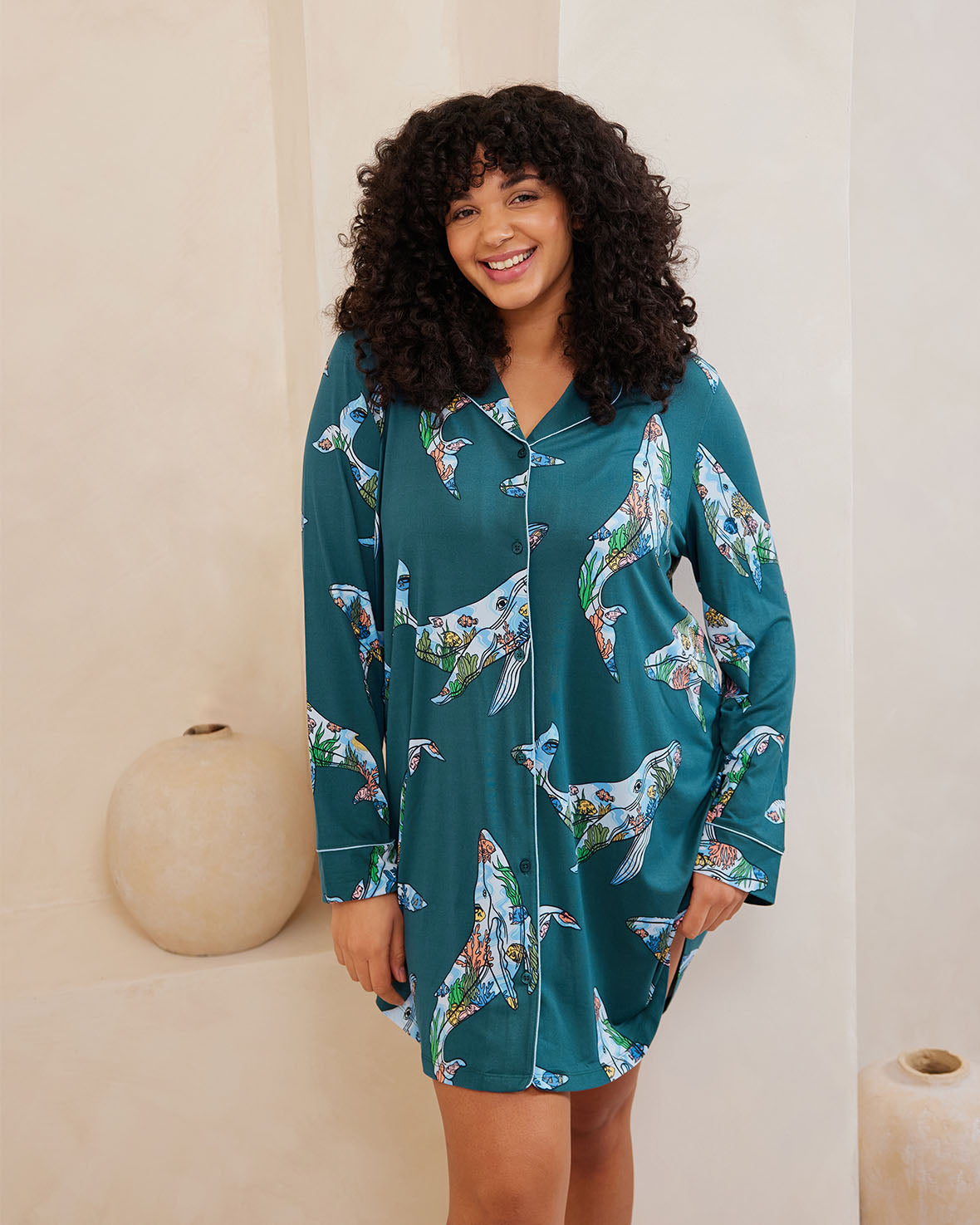 Whale Print Coral Nightshirt - Soft & Comfortable Sleepwear for Women, Perfect for Lounge & Bedtime Relaxation