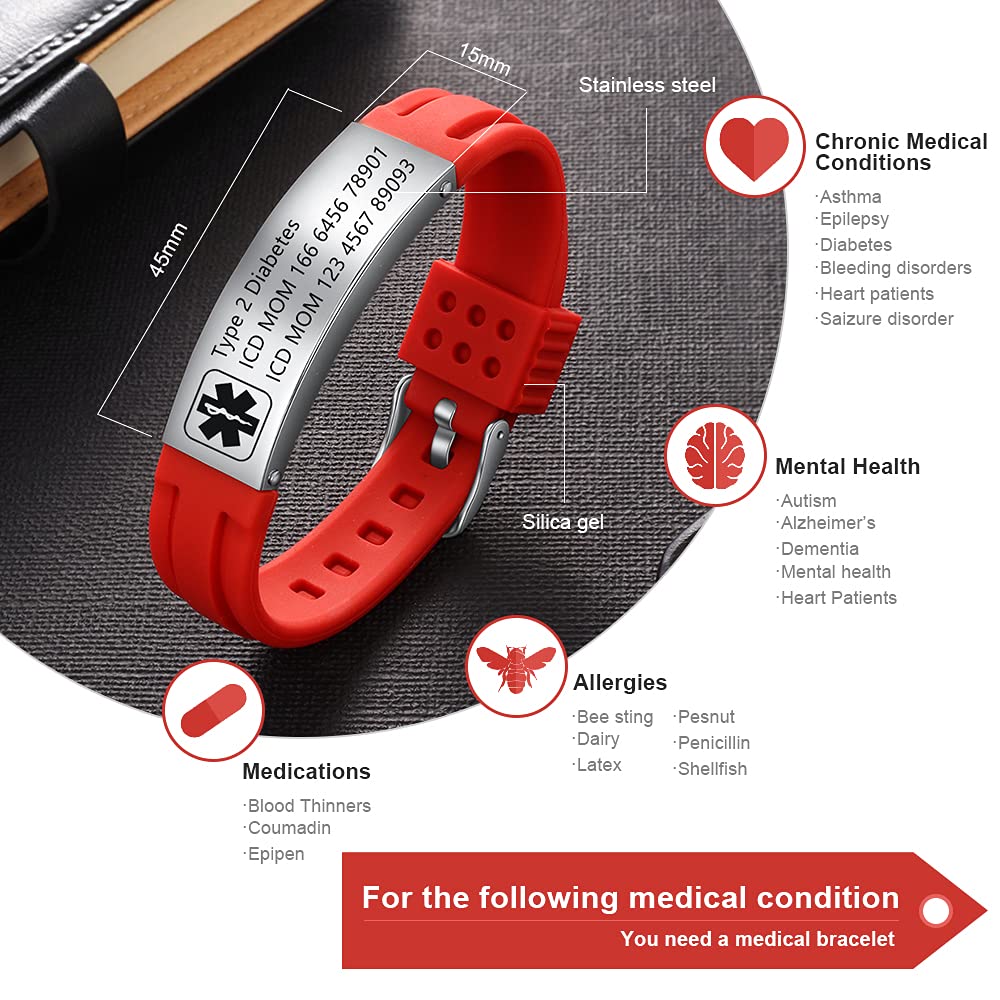 Personalized Silicone Medical Alert ID Bracelet - Adjustable Waterproof Emergency Bracelet for Men & Women - 9 Inches Engraved Sport Safety Wristband - Perfect for Running, Hiking, Cycling & Outdoor Activities