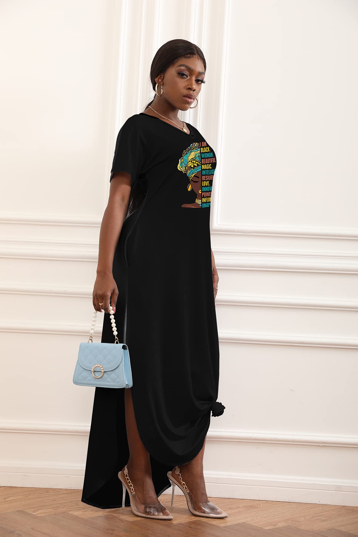 FZNHQL Black Women's Short Sleeve V-Neck Maxi Dress - African Melanin Girl Print Floral Long Dress for Casual Wear | Perfect for Summer Outings, Beach Vacations & Cultural Events