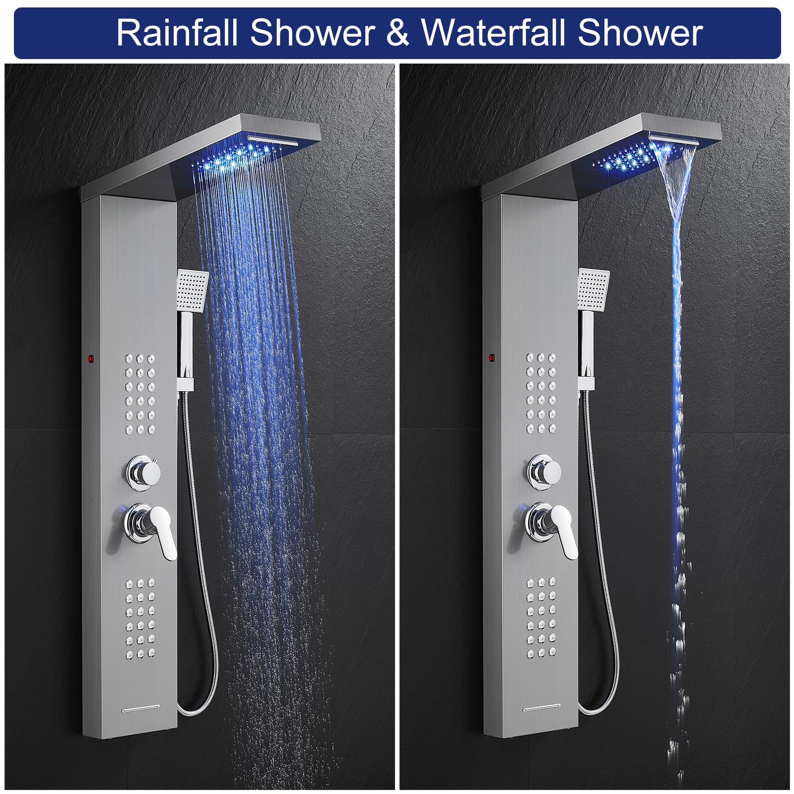 ROVATE 5-in-1 LED Shower Panel Tower System - Brushed Stainless Steel Rainfall Shower with Waterfall, Massage Jets & Handheld Sprayer - High Pressure Shower Column with Tub Spout for Luxurious Bathroom Upgrade (Perfect for Master Bath, Spa-Like Experience)