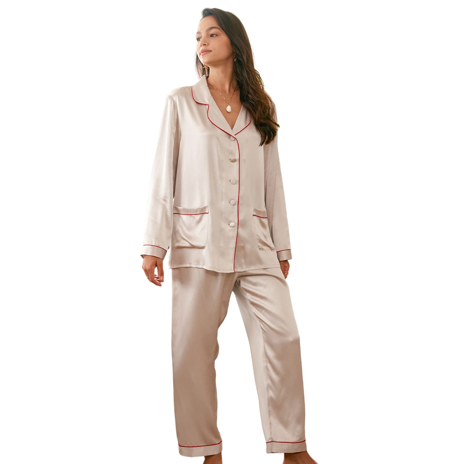 Luxury Women's 100% Mulberry Silk Pajama Set - Slim Fit Long Sleeve Sleepwear & Loungewear - 22 Momme Classic Silk Pajamas for Women - Perfect for Sleep, Relaxation & Bridal Nightwear