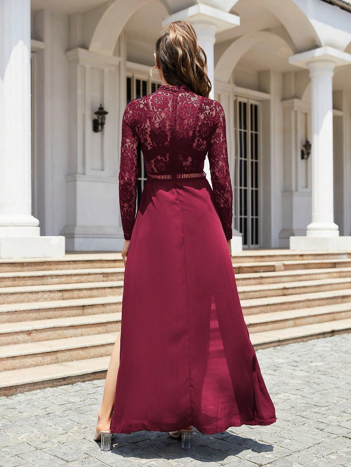 SweatyRocks Women's Sexy Sheer Lace Long Sleeve Split Maxi Cocktail Party Dress for Evening Gala, Prom, Wedding Guest & Special Occasions