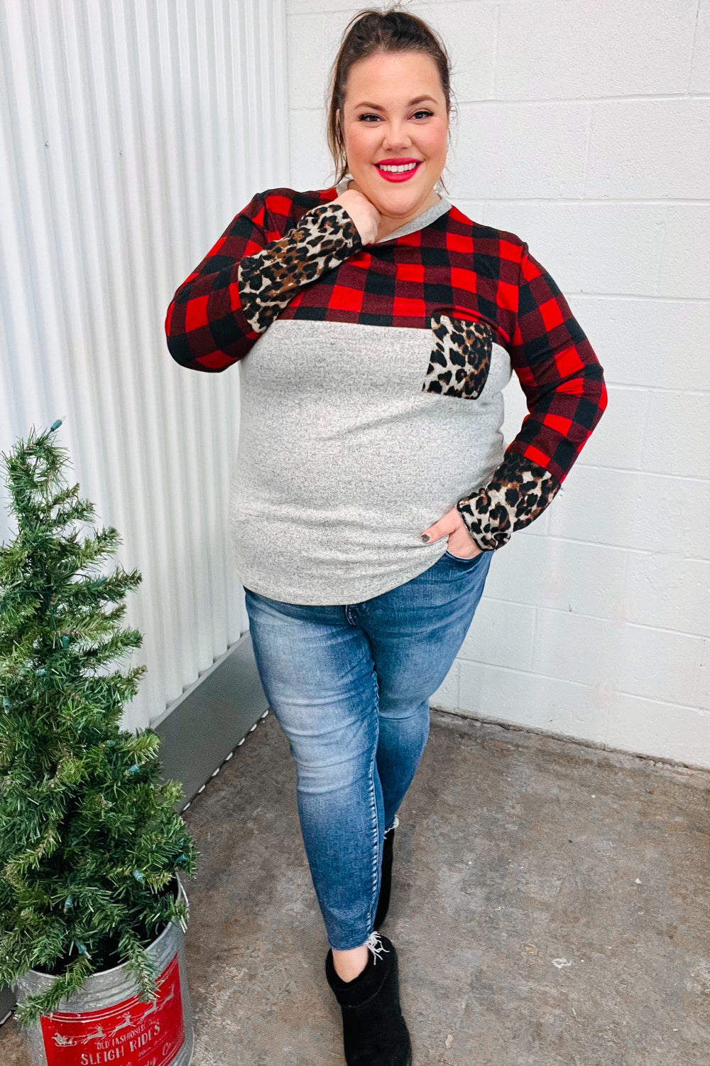 Stylish Grey & Red Plaid Animal Print Women's Top with Pockets - Perfect for Casual Outings, Date Nights, and Office Wear