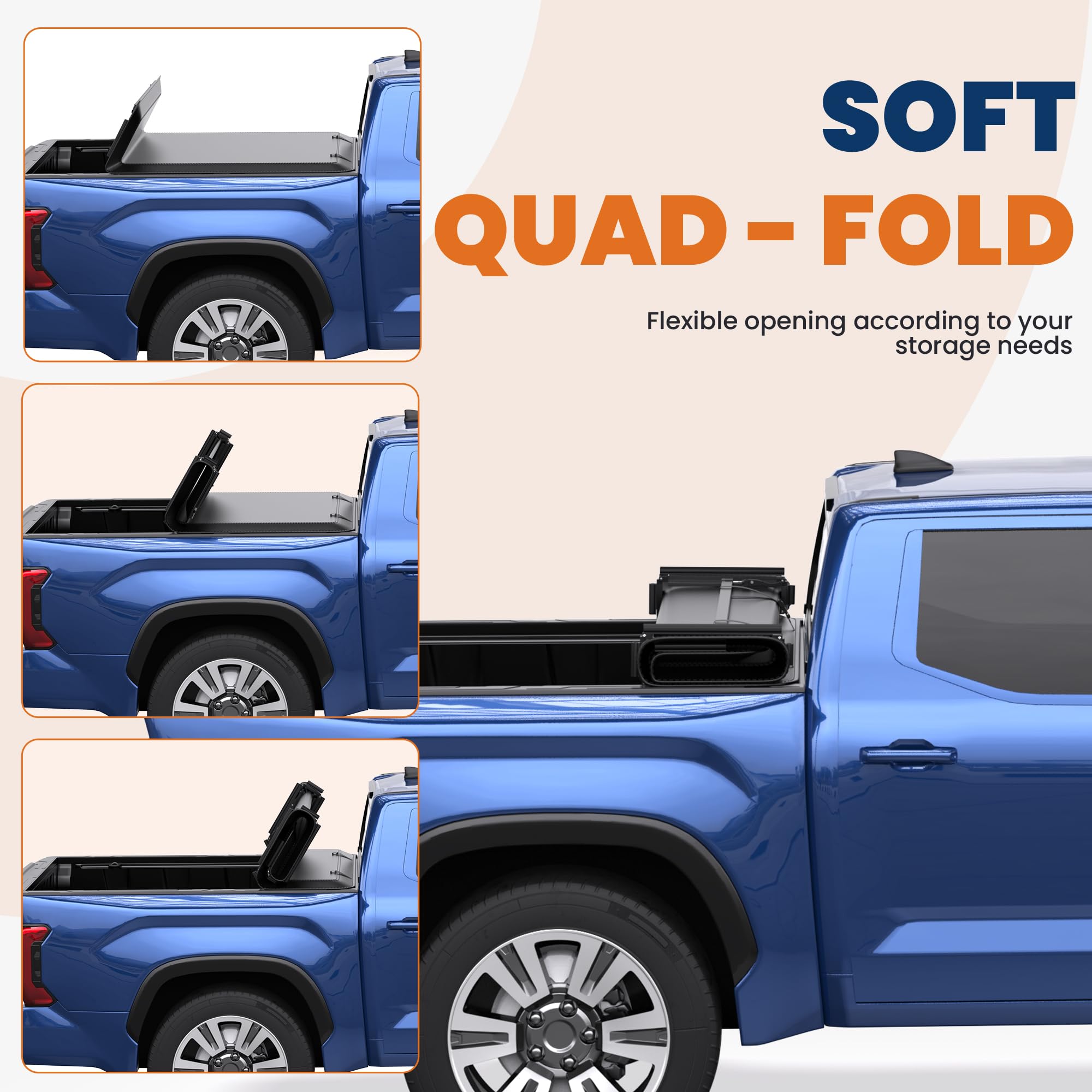 2022-2025 Toyota Tundra 6.5ft Bed Soft Quad Tonneau Cover | Waterproof Truck Bed Cover for Short Bed (78in) | Perfect for Camping, Road Trips & Outdoor Adventures