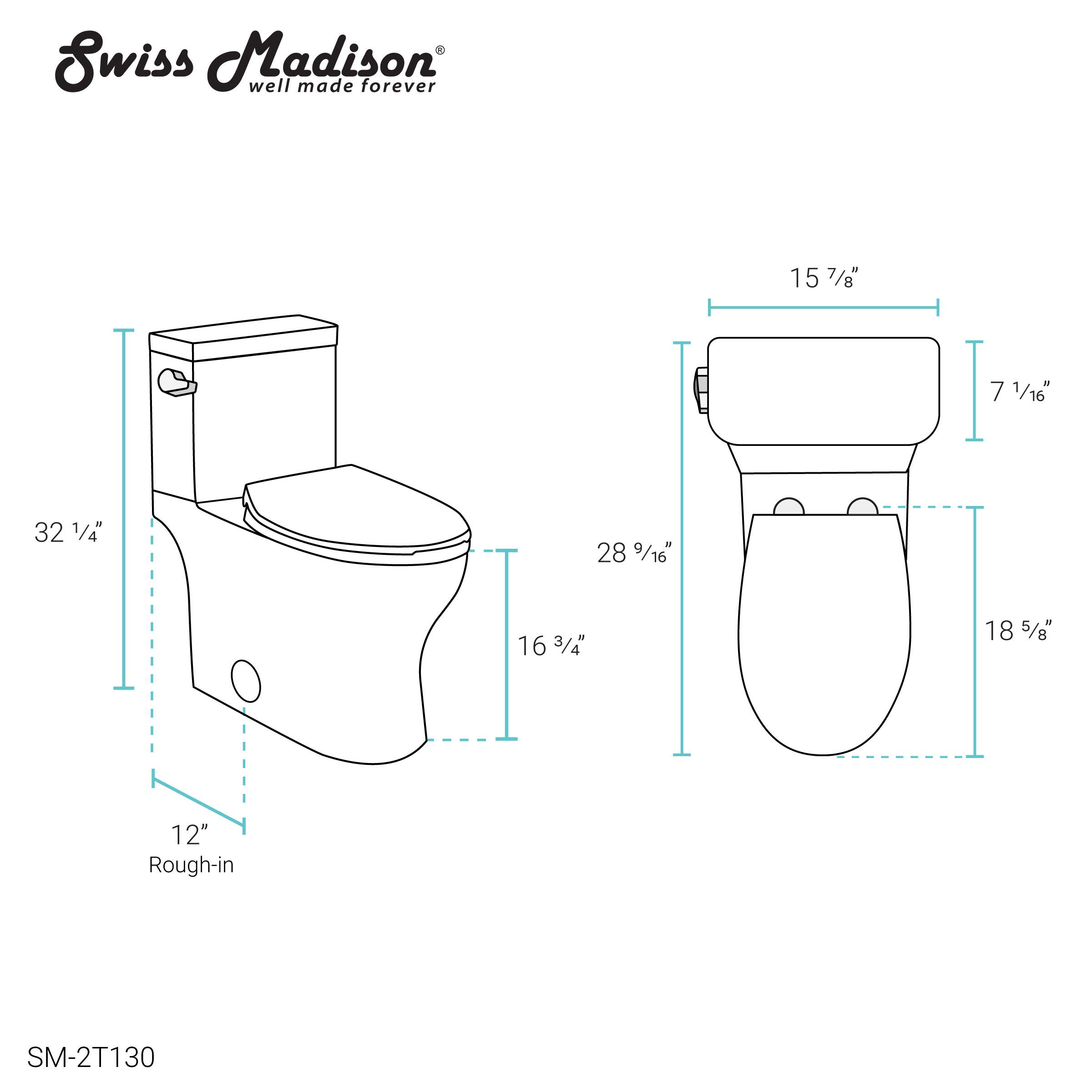 Swiss Madison Well Made Forever Classe Two-Piece Elongated Left Side Flush Handle Toilet 1.28 GPF - Modern Water-Efficient Bathroom Solution for Homes & Commercial Spaces