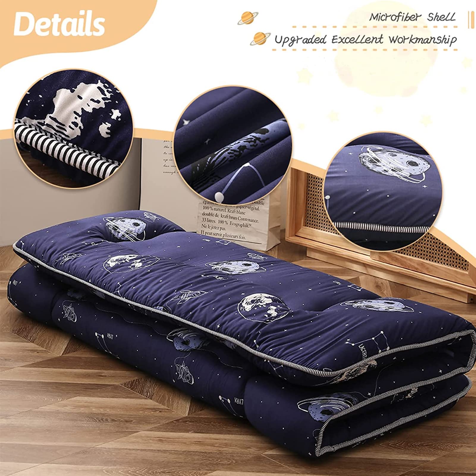 Navy Space Adventure Japanese Floor Futon Mattress - Thick Tatami Mat Sleeping Pad, Foldable Bed Roll Up Mattress for Floor Lounger, Couches & Sofas - Queen Size for Kids & Adults | Perfect for Guest Beds, Camping, Dorm Rooms & Small Spaces