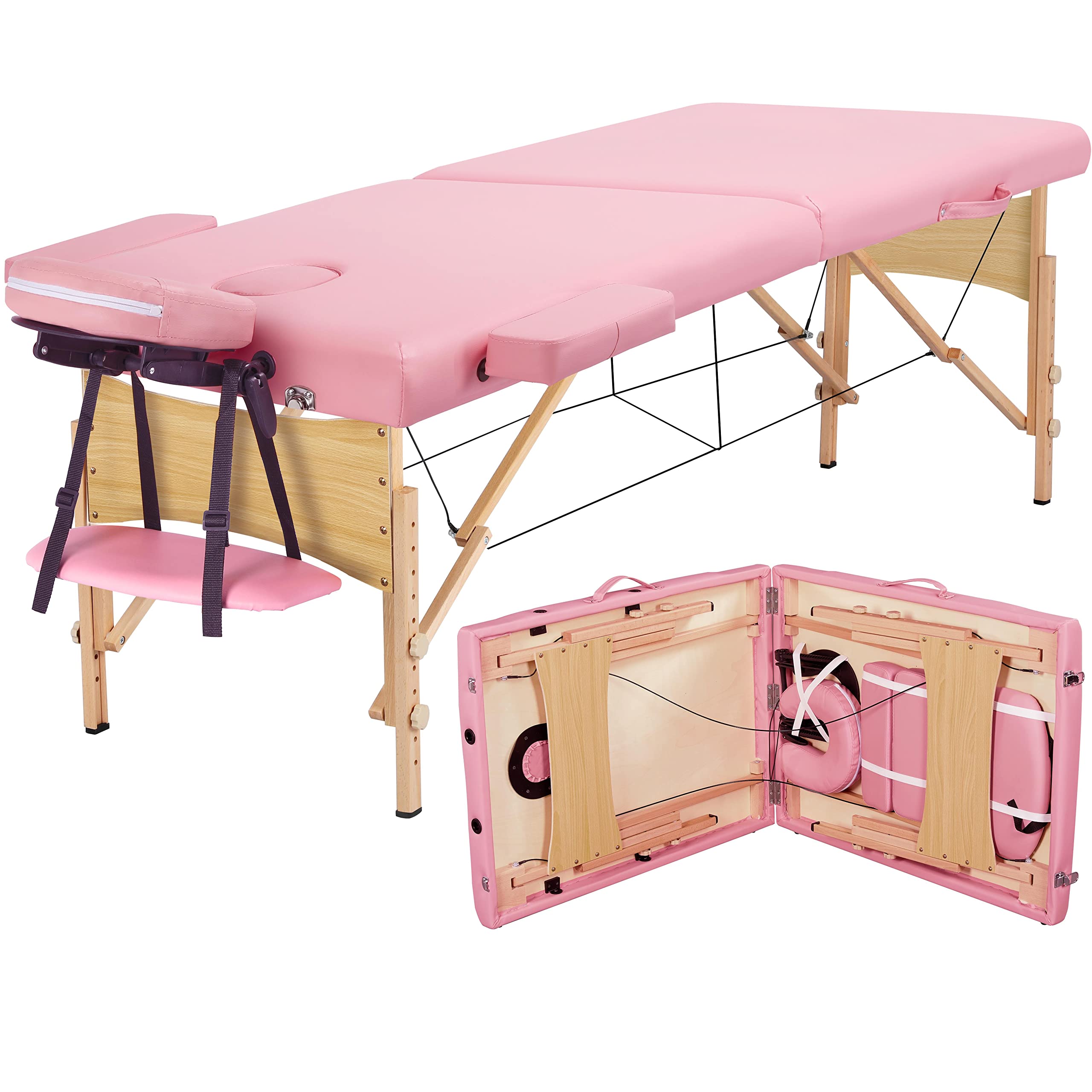 Yaheetech Portable Foldable Massage Table - 28 Inch Adjustable 2-Fold Spa Bed with Non-Woven Bag, Pink | Perfect for Professional Massage, Lash Extensions & Home Spa Treatments