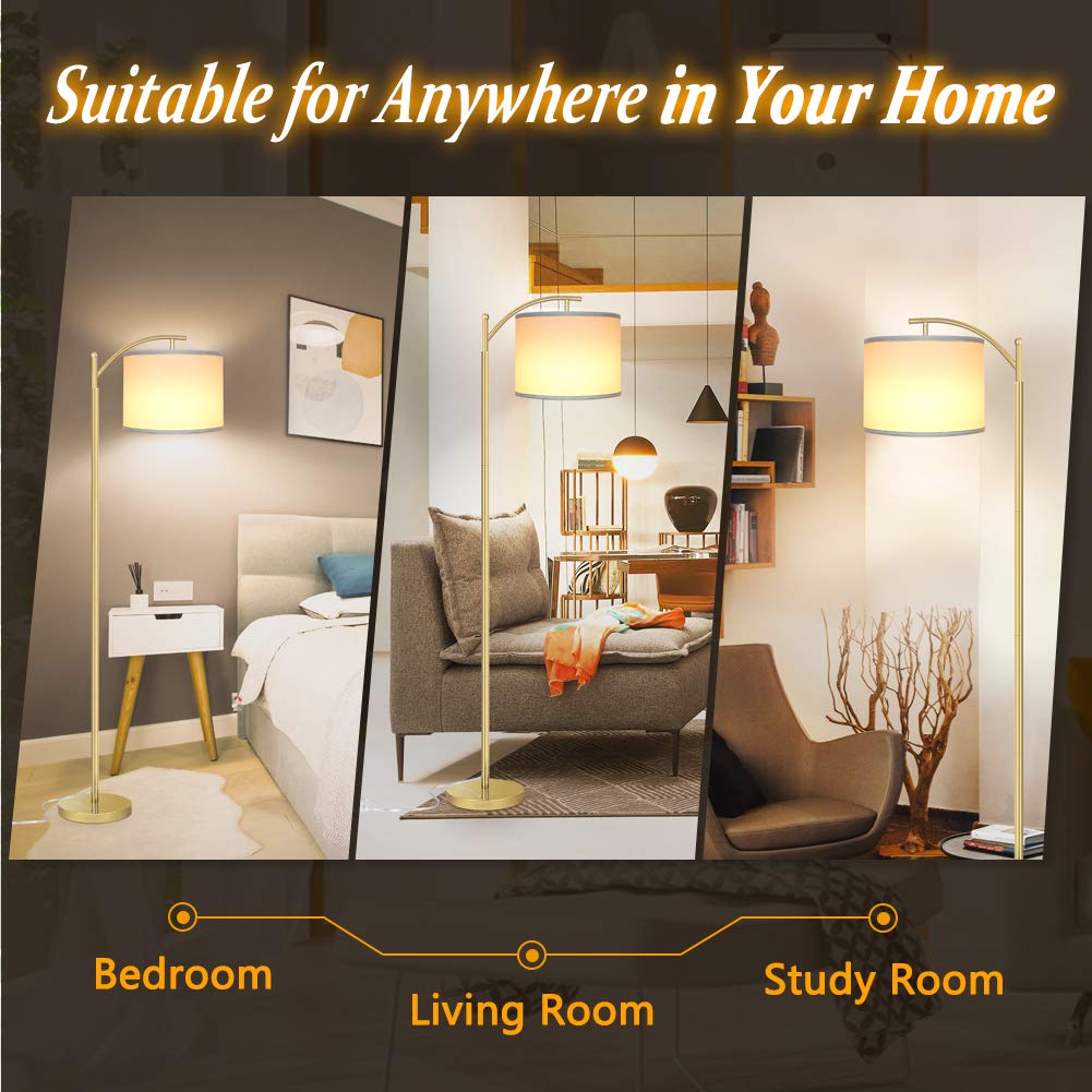 ROTTOGOON Modern LED Floor Lamp with White Shade - 9W Bulb Included, Industrial Standing Light for Living Room, Bedroom, Office & Study - Gold Finish | Perfect for Reading, Working & Ambient Lighting