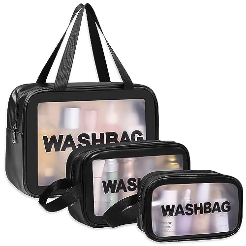 HEYMAZA 3-Pack Black Cosmetic Wash Bags - Waterproof Travel Makeup Pouch, Transparent Toiletry Organizer with Handle & Zipper for Women & Men - Perfect for Gym, Travel, and Daily Essentials Storage