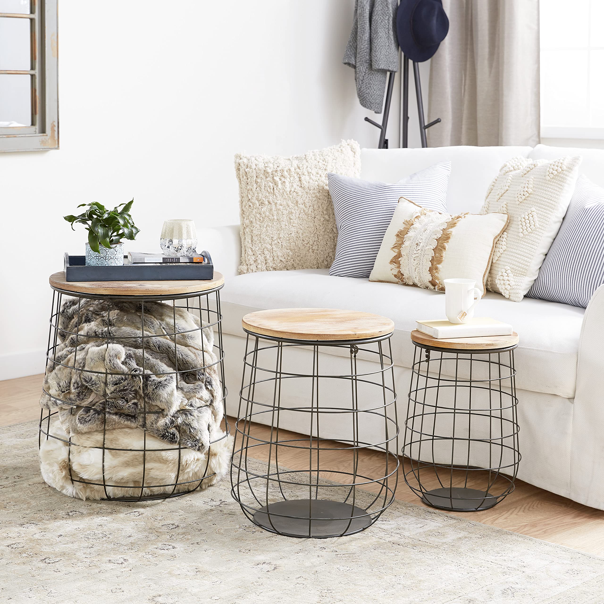 Deco 79 Set of 3 Large Metal and Wood Storage Baskets - 18, 20, 23 Inch Height - Rustic Brown Home Decor for Living Room, Bedroom, or Office Organization