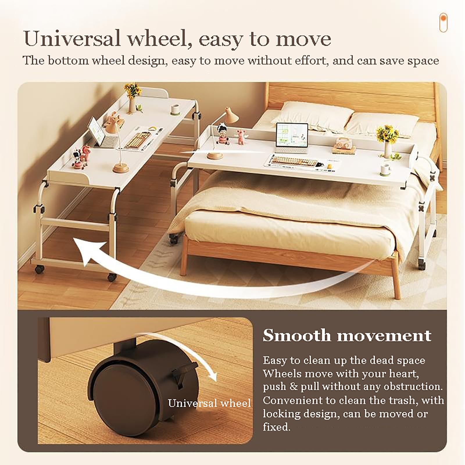 Adjustable Overbed Table with Wheels - Rolling Bedside Laptop Desk, Mobile Computer Workstation for Full/Queen/King Beds | Height & Length Customizable | Ideal for Home Office, Hospital Use, and Bedroom Workspaces