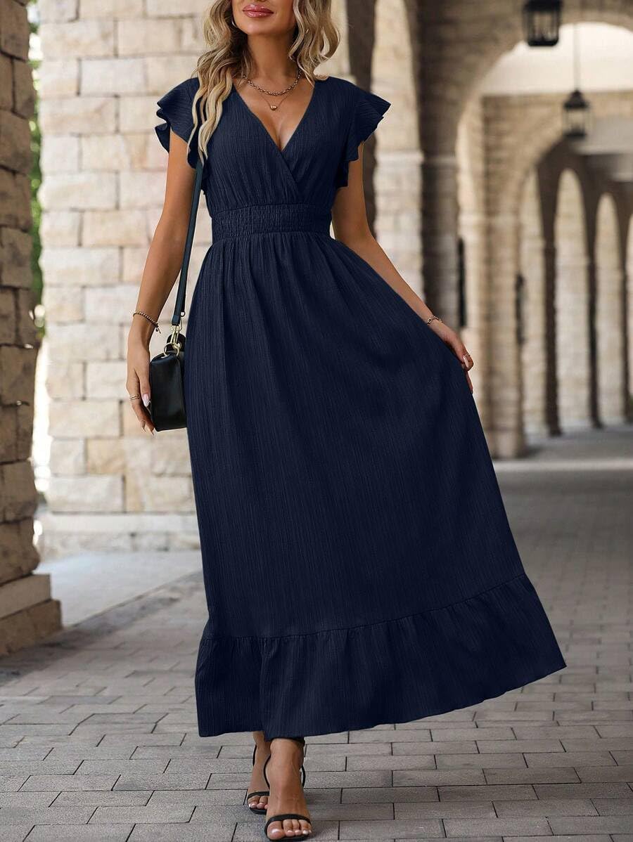 Women's Casual V-Neck Wrap Maxi Dress with Ruffle Sleeves - Flowy High Waist Summer Dress for Beach, Party & Everyday Wear