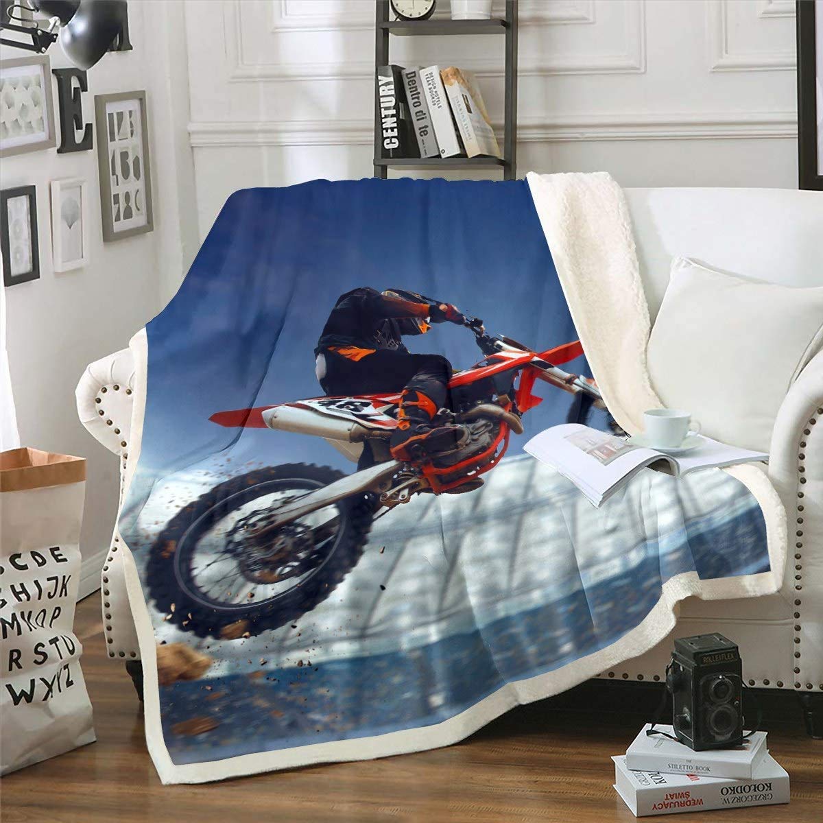 Extreme Sports Motocross Rider Printed Fleece Blanket - Soft Sherpa Throw for Couch & Sofa - Motorcycle Pattern Decor - King Size 87x95 Inches - Perfect for Bikers, Man Cave & Winter Warmth