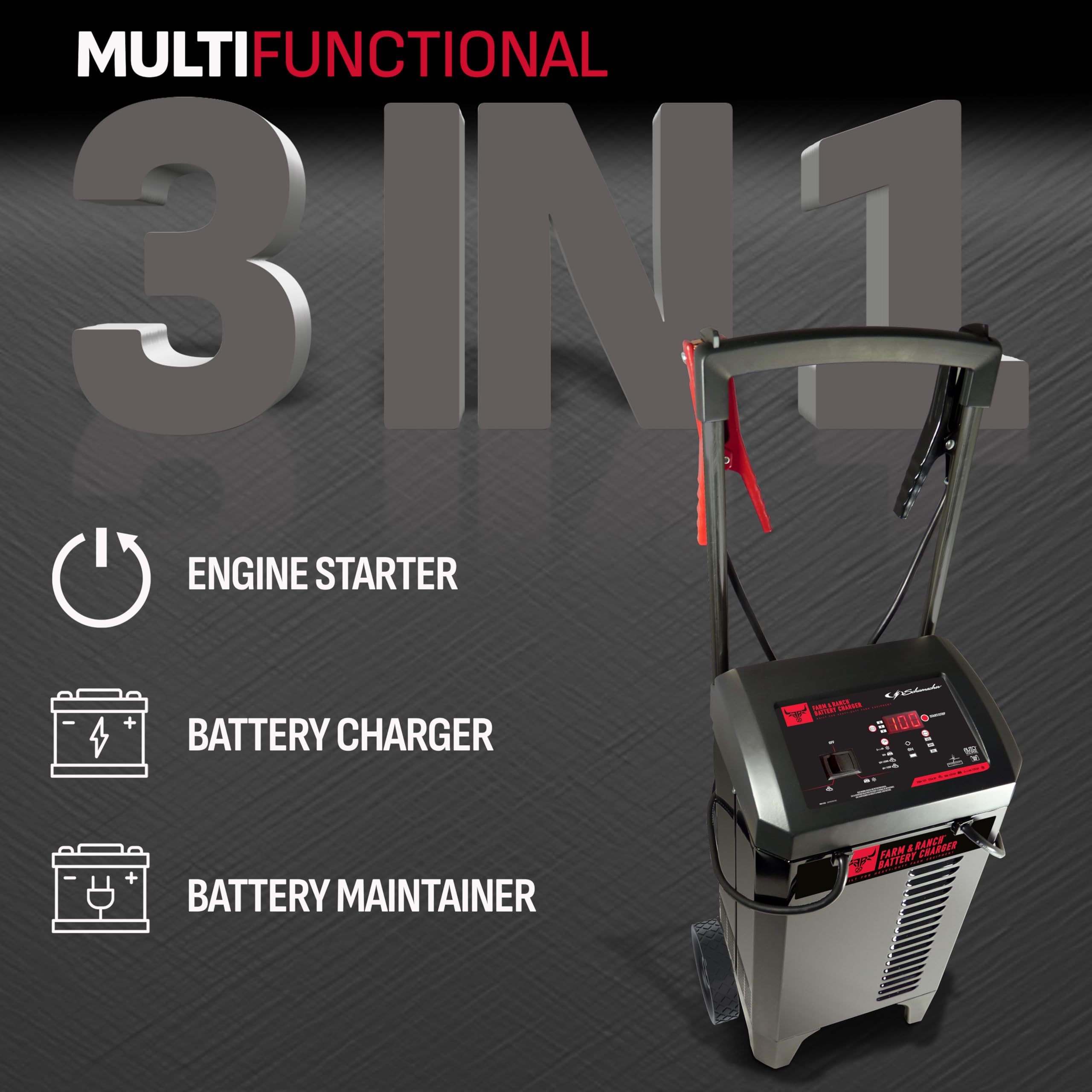 Schumacher FR01336 4-in-1 Automatic Wheeled Battery Charger & Engine Starter - 250A Cranking Power, 50A Boost, 6V/12V for Cars, Trucks, Boats - Ideal for Farm, Ranch & Emergency Roadside Use