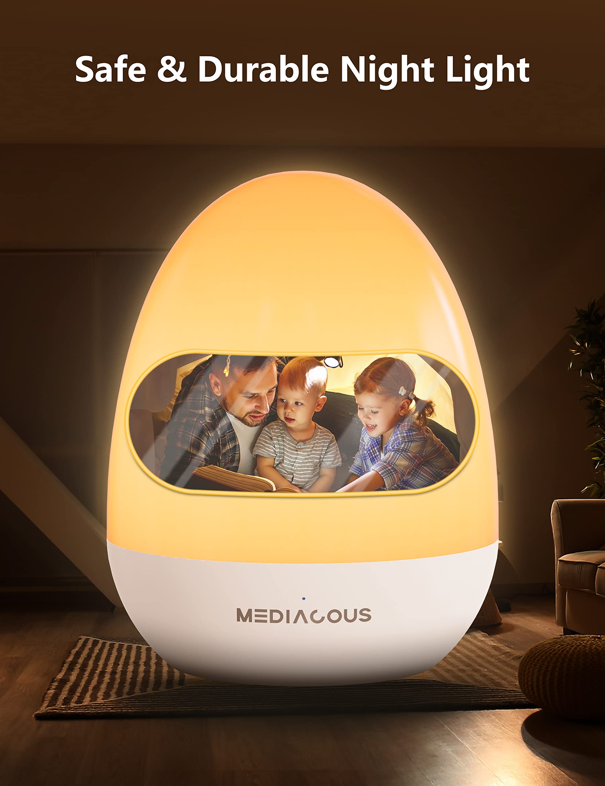 MediAcous Dimmable Night Light for Kids Room - Baby Night Lamp with Stable Charging Pad, 1H Timer & Touch Control, ABS+PC LED Egg Light - Perfect for Breastfeeding, Nursery, Bedtime & Nighttime Feedings - Lasts Up to 200 Hours