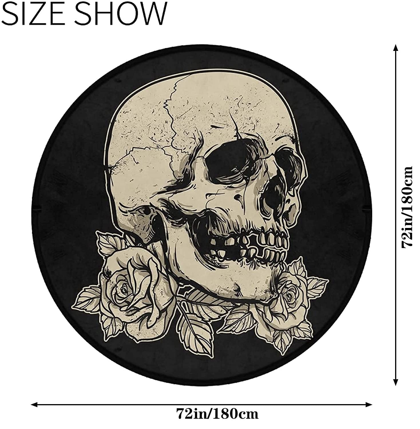 Keepcute 6ft Round Skull Rose Flower Area Rug - Non-Slip Washable Black Round Carpet for Kitchen, Bedroom, Living Room | 6' x 6' Gothic Decor Floor Mat Perfect for Halloween, Dorm Room & Boho Style Home Decor