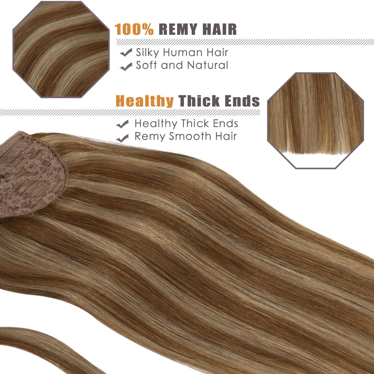 14 Inch Dark Brown Human Hair Ponytail Extensions with Light Brown Highlights - 70g Thick Pony Tail Hairpiece for Women (Color #4/8) | Perfect for Parties, Weddings & Daily Styling