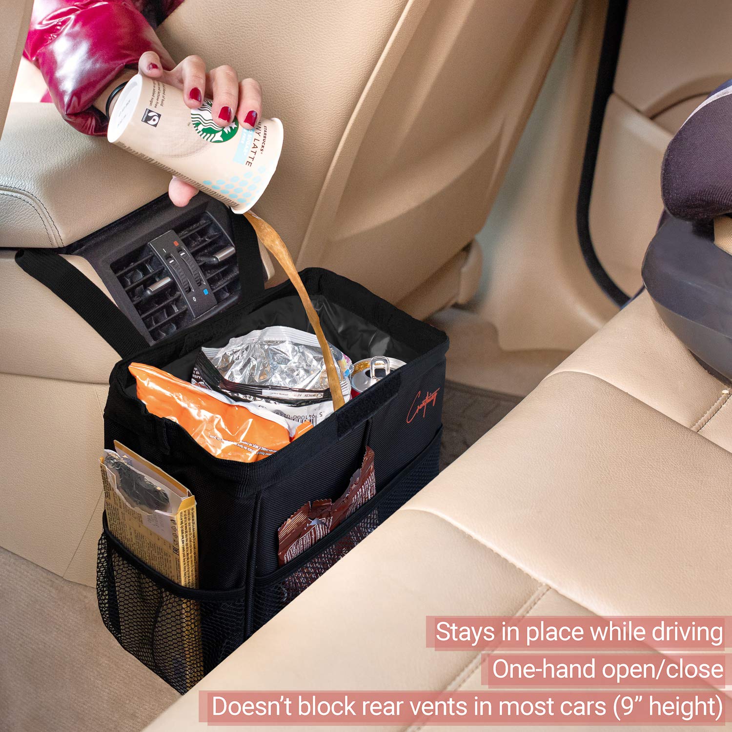 Foldable Waterproof Car Trash Can - 2 Gallon Organizer Bag for Console & Seat | Medium Black Auto Garbage Bin | Perfect for Road Trips, Commuting & Keeping Your Vehicle Clean