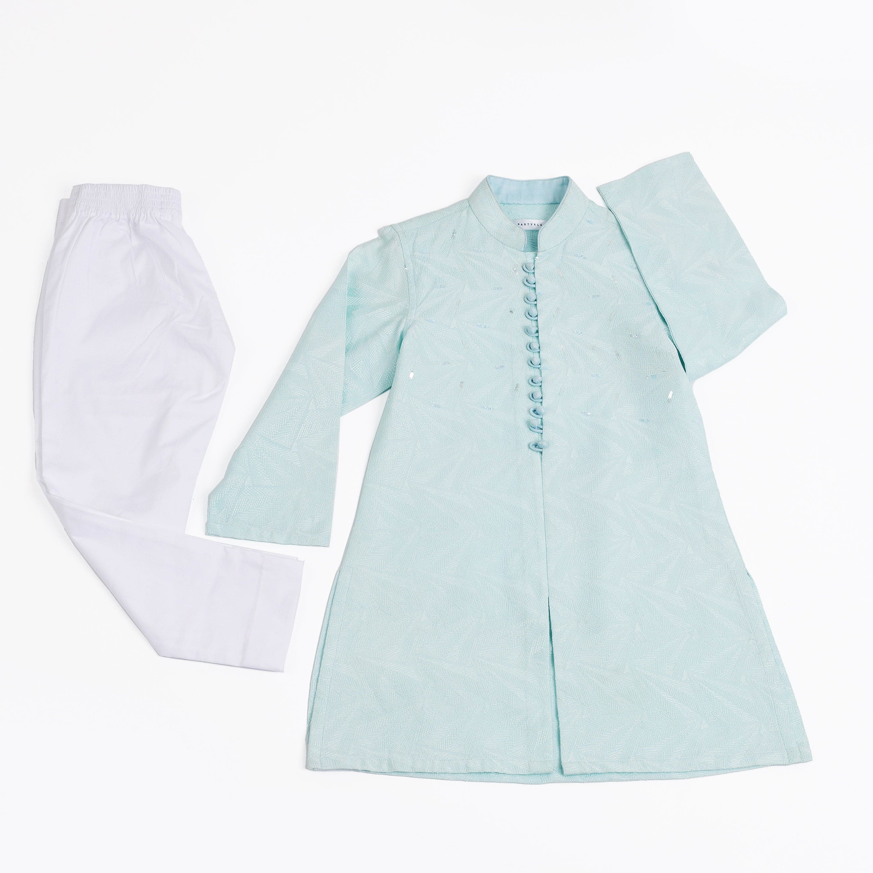 **Powder Blue Kurta with White Pajama Set for Boys – Indian Ethnic Wear for Festivals, Weddings & Special Occasions**