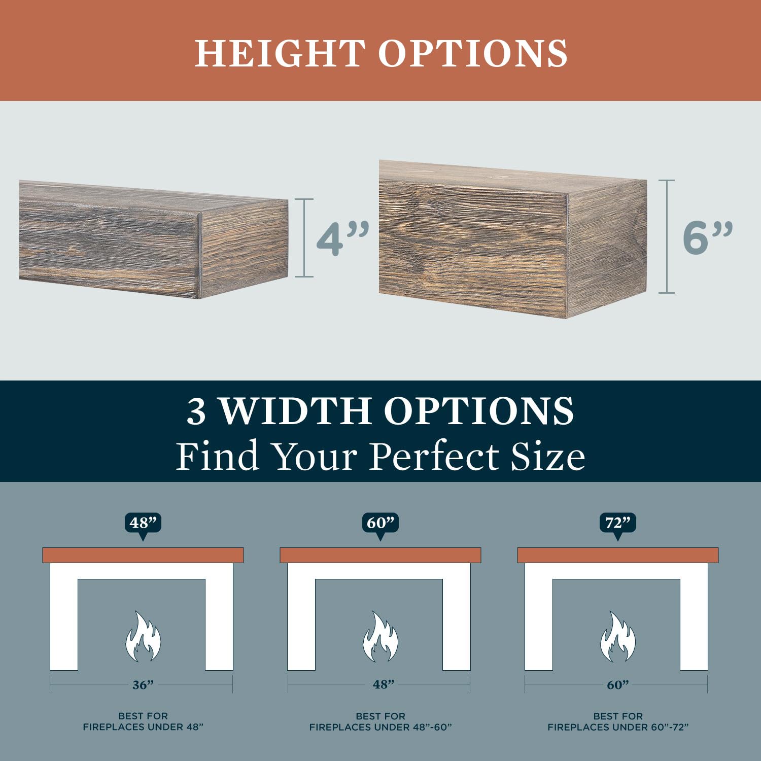 Vail Fireplace Mantel Shelf - 72 Inch Wide x 4 Inch Tall - Driftwood Finish Rustic Wall Mounted Shelf | Handcrafted in USA | Perfect for Living Room, Bedroom & Home Decor