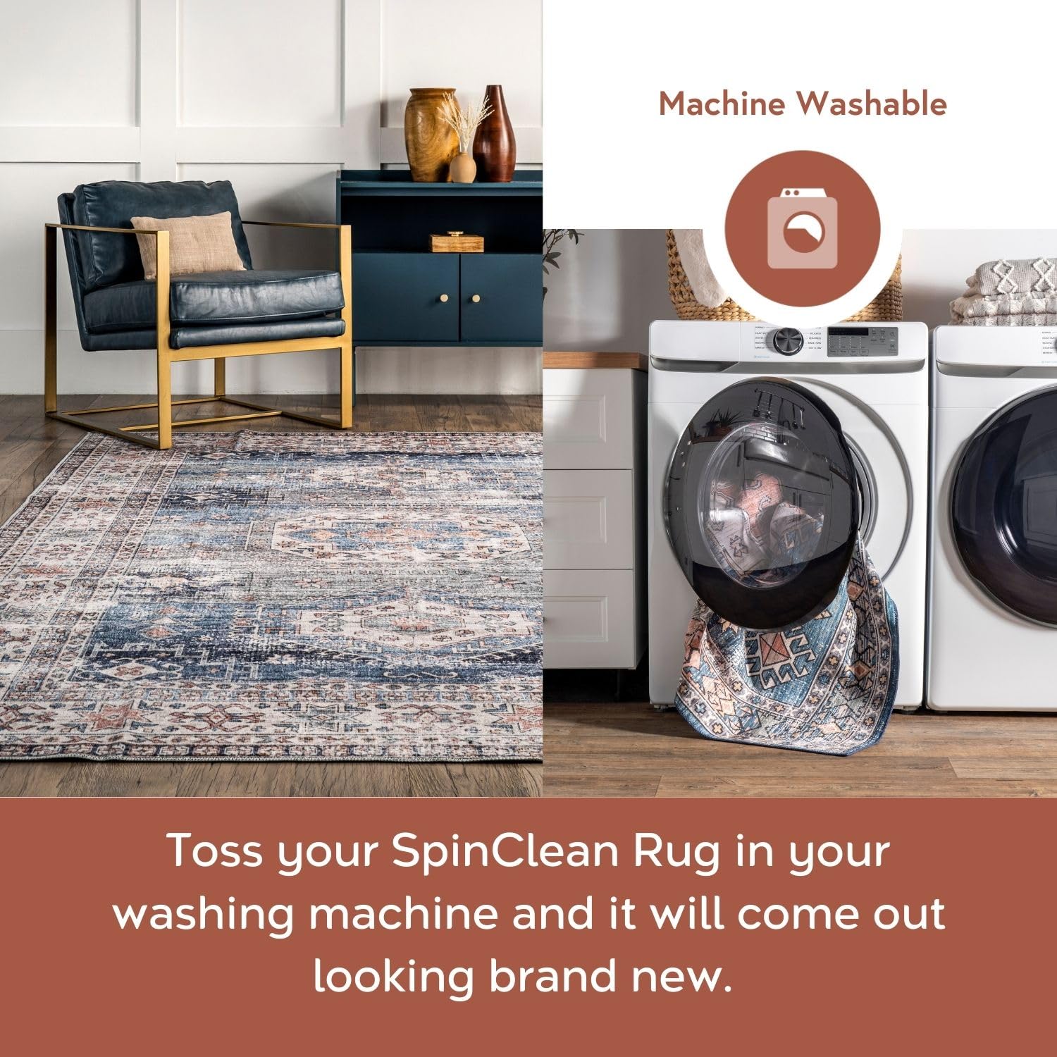 nuLOOM 6' x 9' SpinClean Machine Washable Stain-Resistant Area Rug with Non-Slip Backing - Low Profile for Living Room, Bedroom & Dining Room - Drina Blue | Perfect for High Traffic Areas, Pet-Friendly Homes & Easy Cleaning