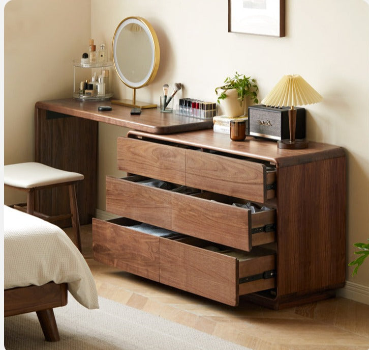 Premium Black Walnut & Golden Sandalwood Solid Wood Extendable Vanity Dressing Table - Perfect for Bedroom Makeup, Beauty Salon & Home Decor