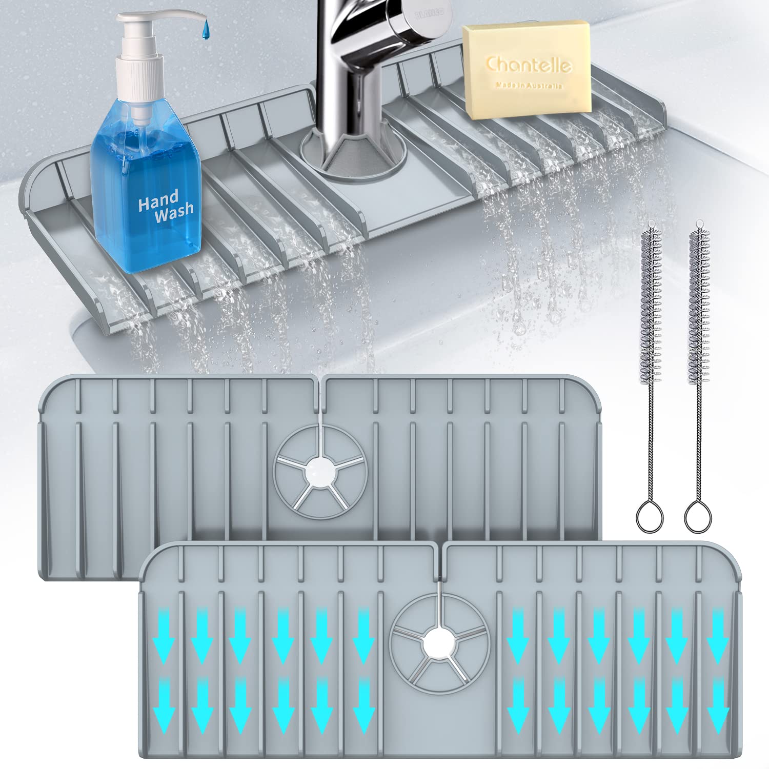 Freefa Silicone Sink Splash Guard - Premium Kitchen & Bathroom Faucet Drip Catcher Tray - Non-Slip Water Absorbent Sink Protector Mat (2-Pack, Grey) - Perfect for Preventing Water Spills & Keeping Countertops Dry