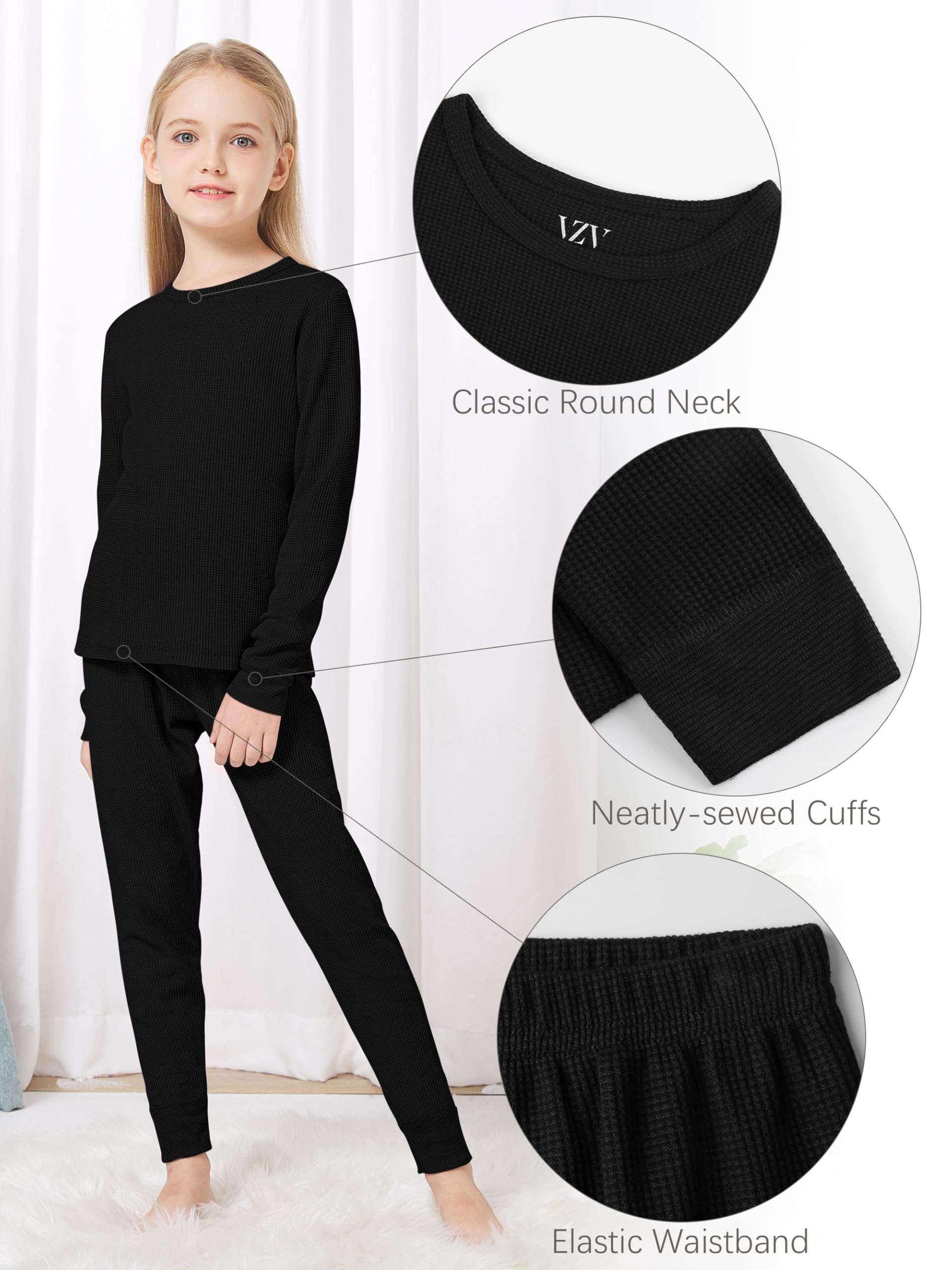 VZV Girls Kids Thermal Underwear Set - Soft Cotton Waffle Long Johns Base Layer for Cold Weather | Warm Winter Pajamas & Outdoor Activities