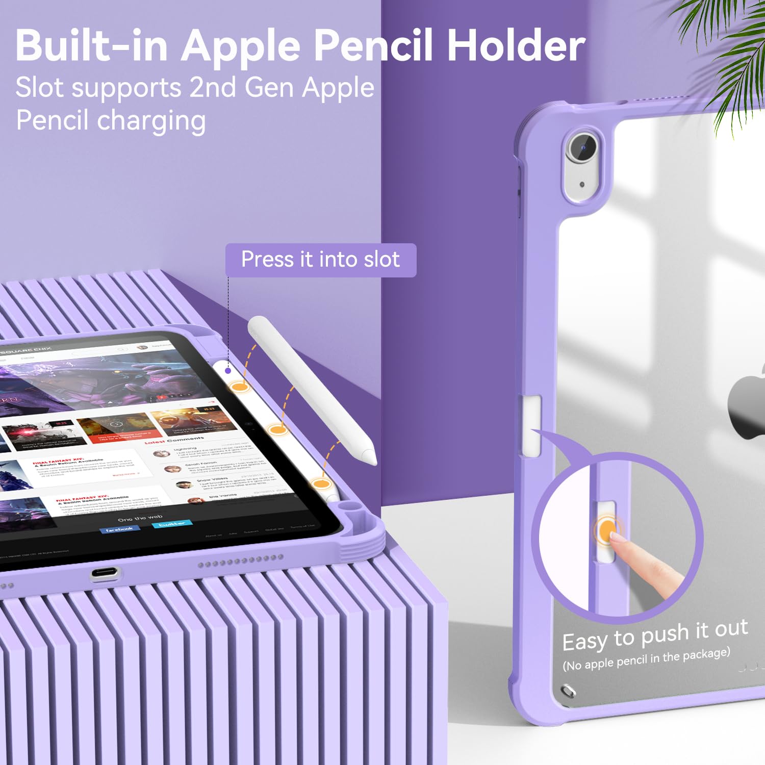 OKP iPad Air 5th/4th Generation Case (2022/2020 Model) - 10.9 Inch Slim Lightweight Trifold Folio Smart Cover with Pencil Holder & Auto Sleep/Wake - Clear Back Light Purple - Perfect for Work, School & Travel