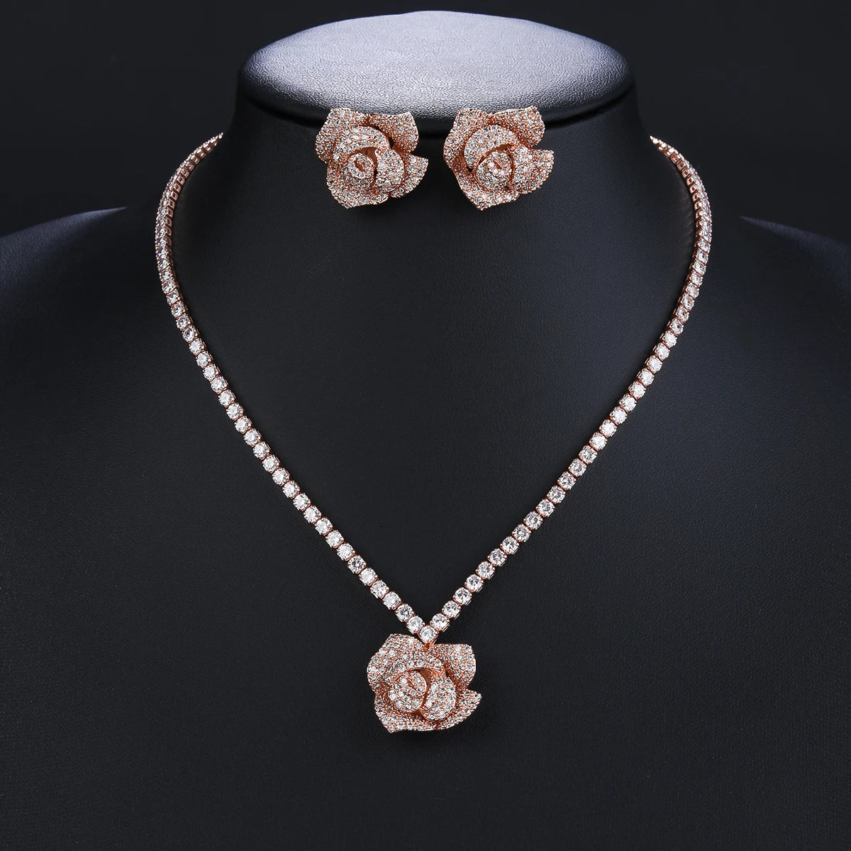 Elegant CZ Cubic Zirconia Rose Flower Pendant Necklace & Earrings Set - Bridal Wedding Jewelry for Women - Perfect Gift for Anniversary, Valentine's Day & Special Occasions