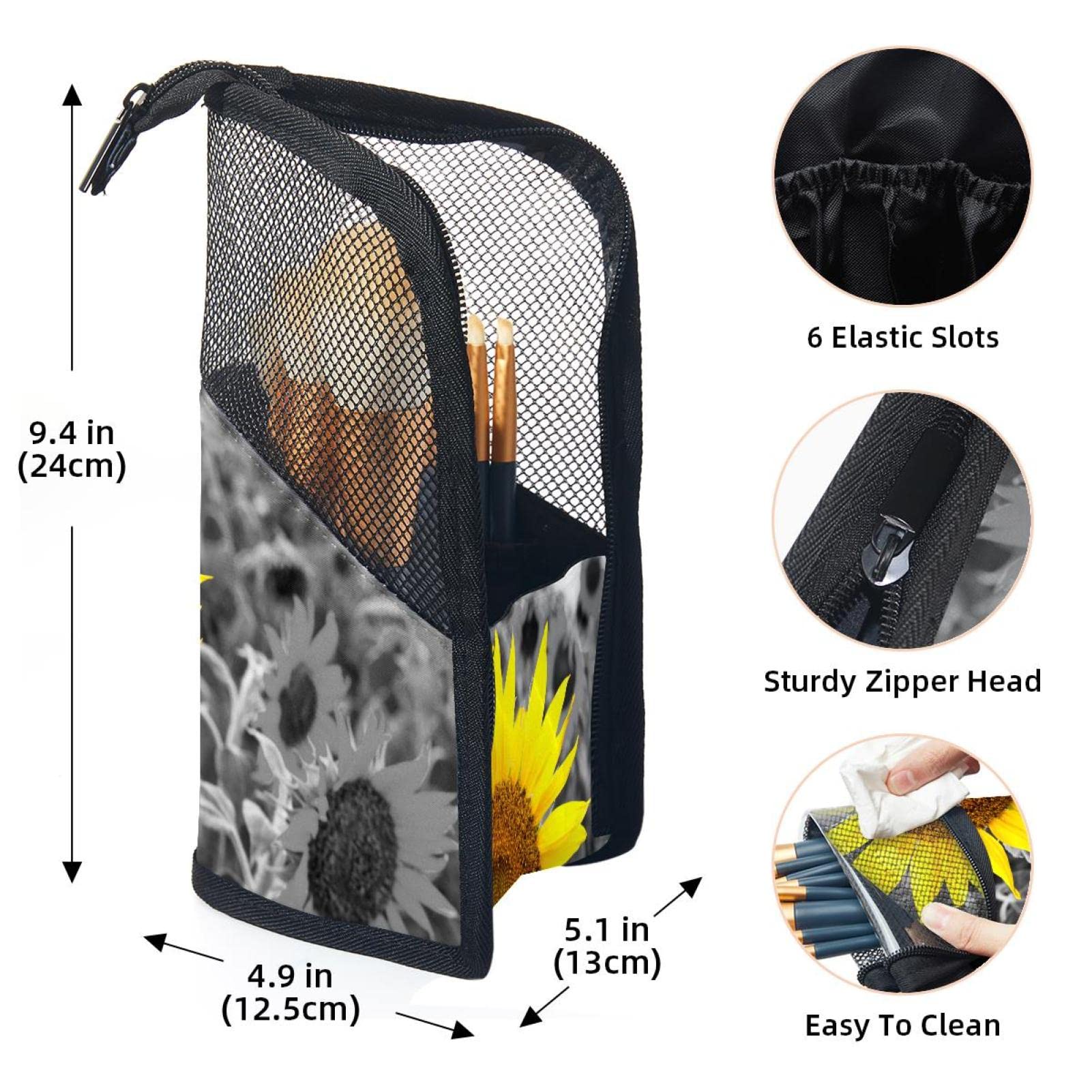 Premium 12-Piece Makeup Brush Organizer Bag with Black & White Sunflower Design - Portable Travel Cosmetic Brush Holder Case for Professional Makeup Artists & Beauty Enthusiasts - Perfect for Home, Travel & Salon Use