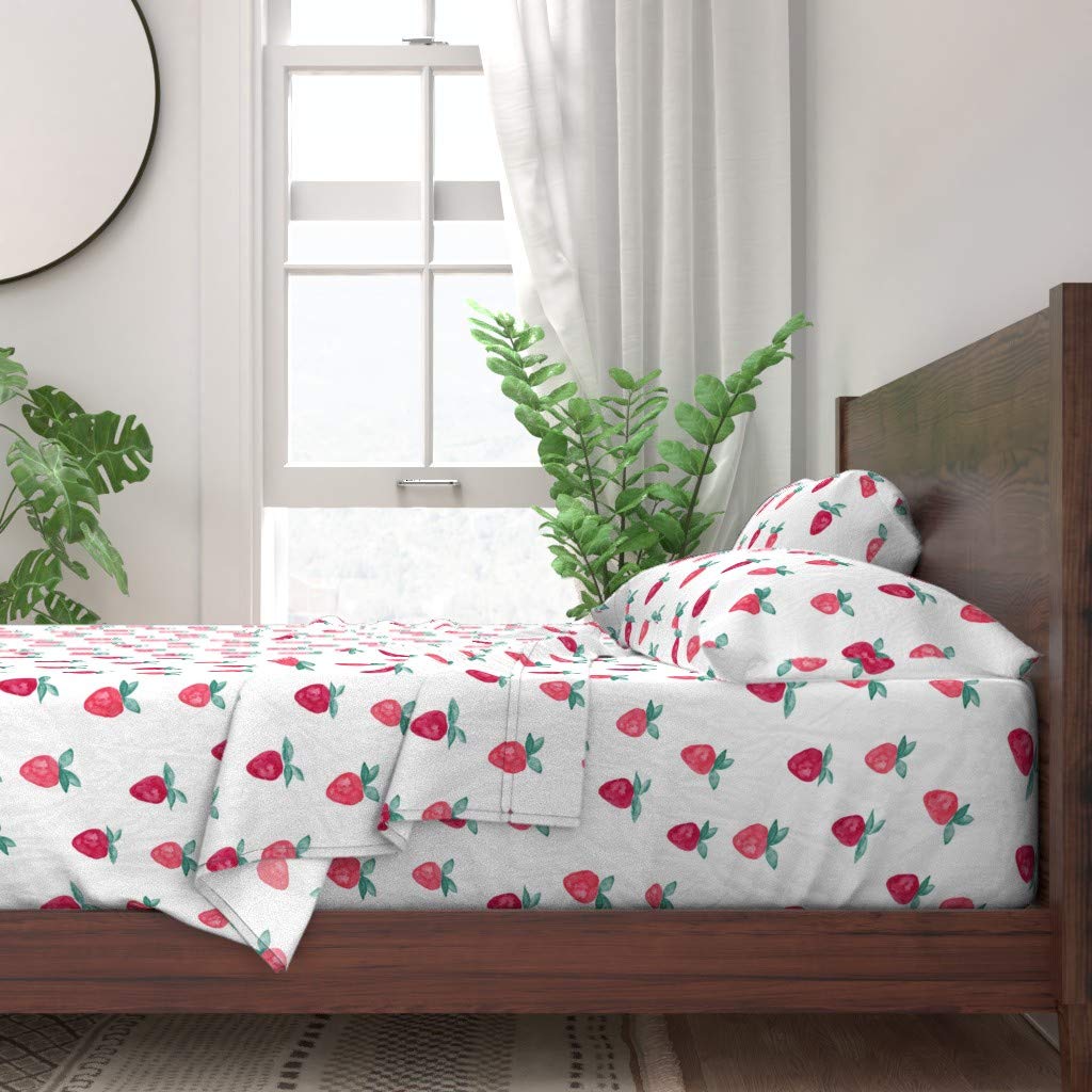 Watercolor Strawberry Whimsical Fruit Print 100% Cotton Queen 4-Piece Sheet Set | Soft Breathable Bedding for Summer | Perfect for Guest Rooms, Kids' Bedrooms & Boho Home Decor