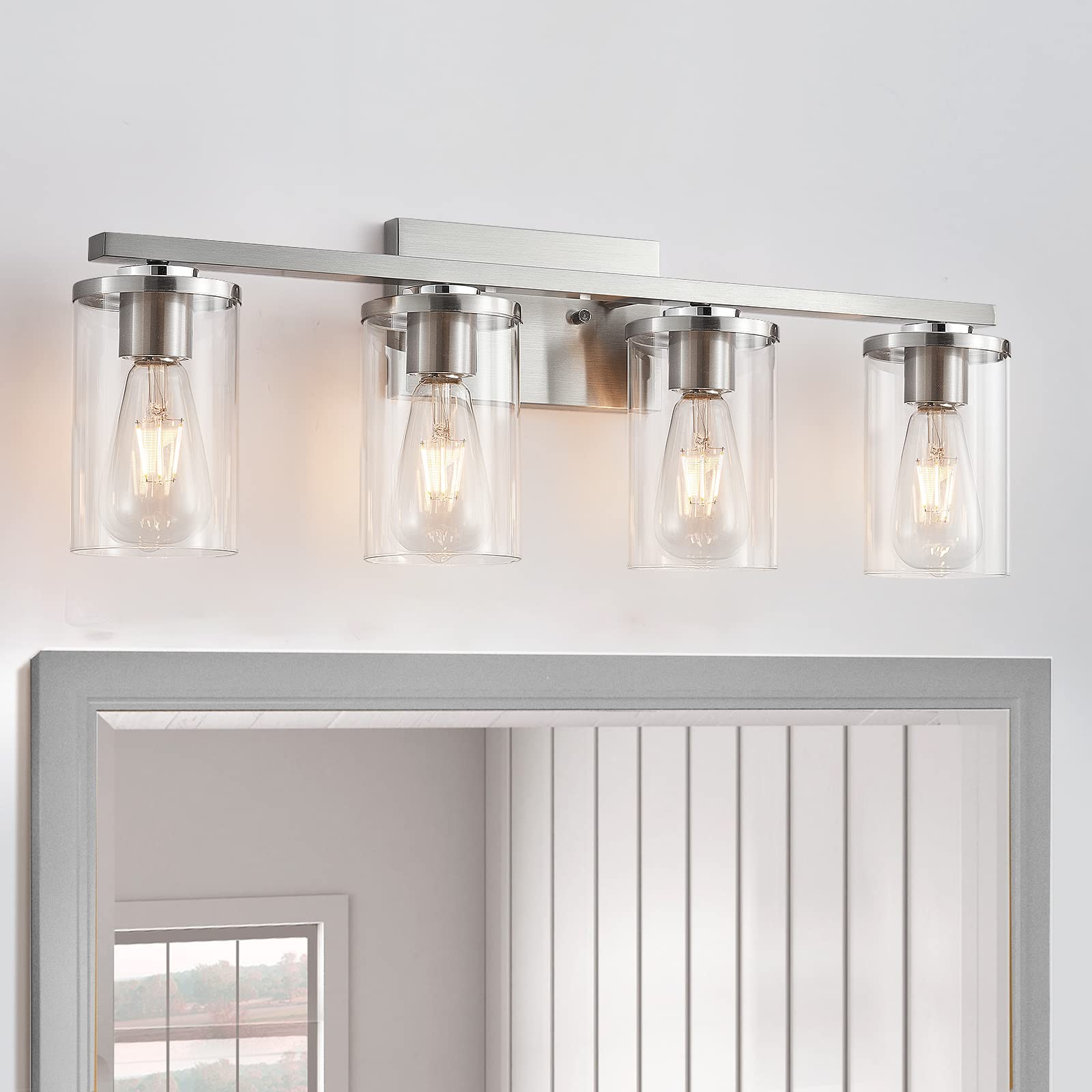 Modern Brushed Nickel 4-Light Bathroom Vanity Light Fixture with Clear Glass Shade - Perfect for Mirror Lighting in Contemporary Bathrooms & Powder Rooms