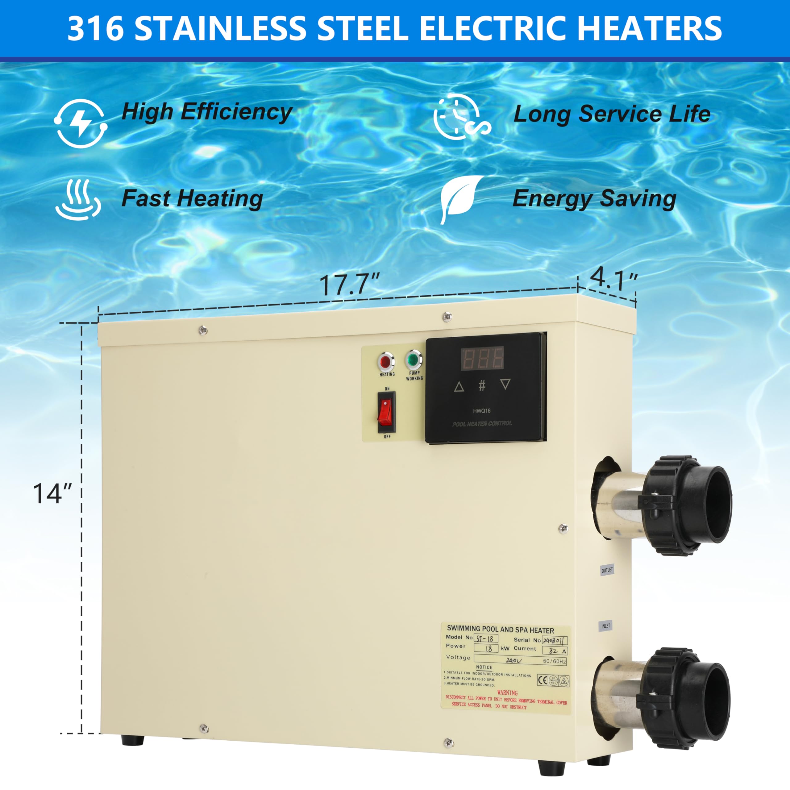 18KW 240V Electric Pool Heater for Above Ground & Inground Pools - Touchscreen Control, Spa & Hot Tub Thermostat - Perfect for Backyard Swimming Pools, Jacuzzis and Bathtubs (Energy Efficient Heating Solution)