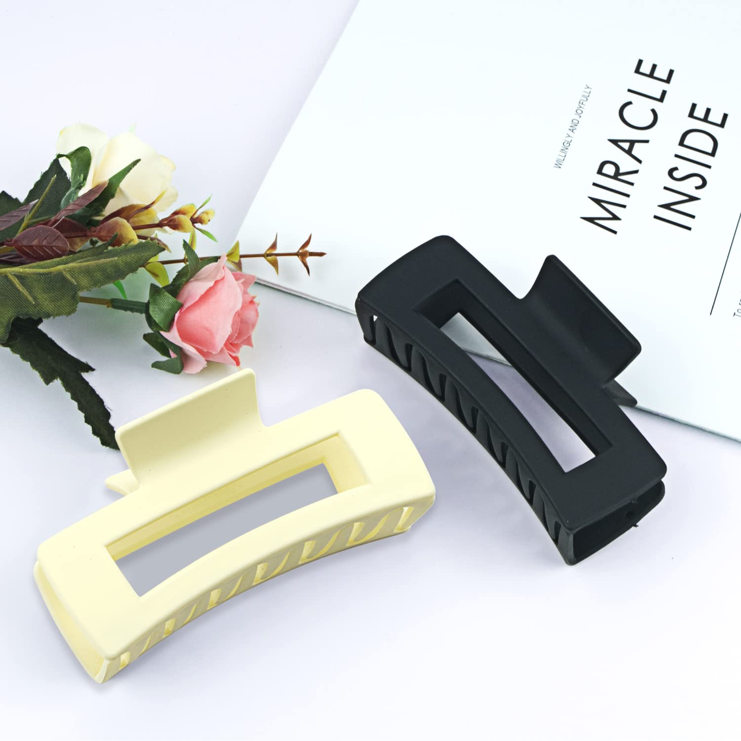 4.2 Inch Matte Rectangle Hair Claw Clips for Women - Non-Slip Jaw Clips for Thick & Thin Hair (Black & White) - Perfect for Ponytails, Buns & Everyday Hairstyles