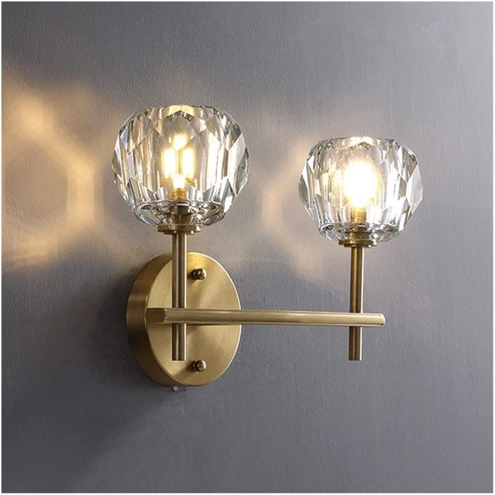 Modern Crystal Wall Sconce LED Light Fixture - Brass Finish Gold Decor Wall Lamp for Bedroom, Bathroom, Living Room & Hallway | Double Head Design for Elegant Ambient Lighting
