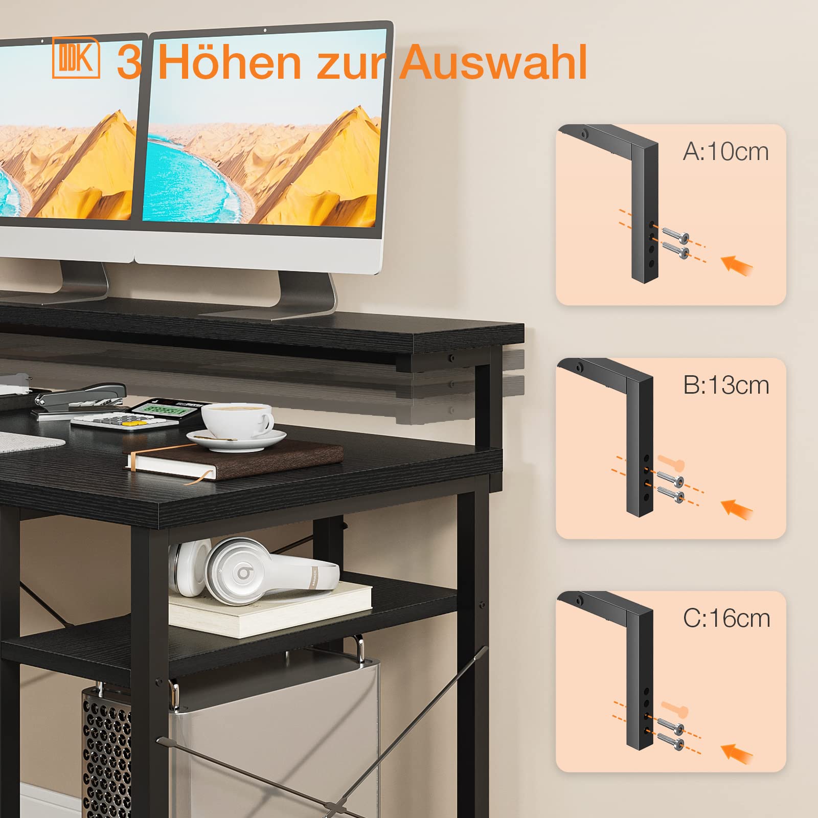 ODK L-Shaped Desk with Shelf, Black 140×137 cm - Long Monitor Support, Home Office & Gaming Desk for Workspace & Study Room