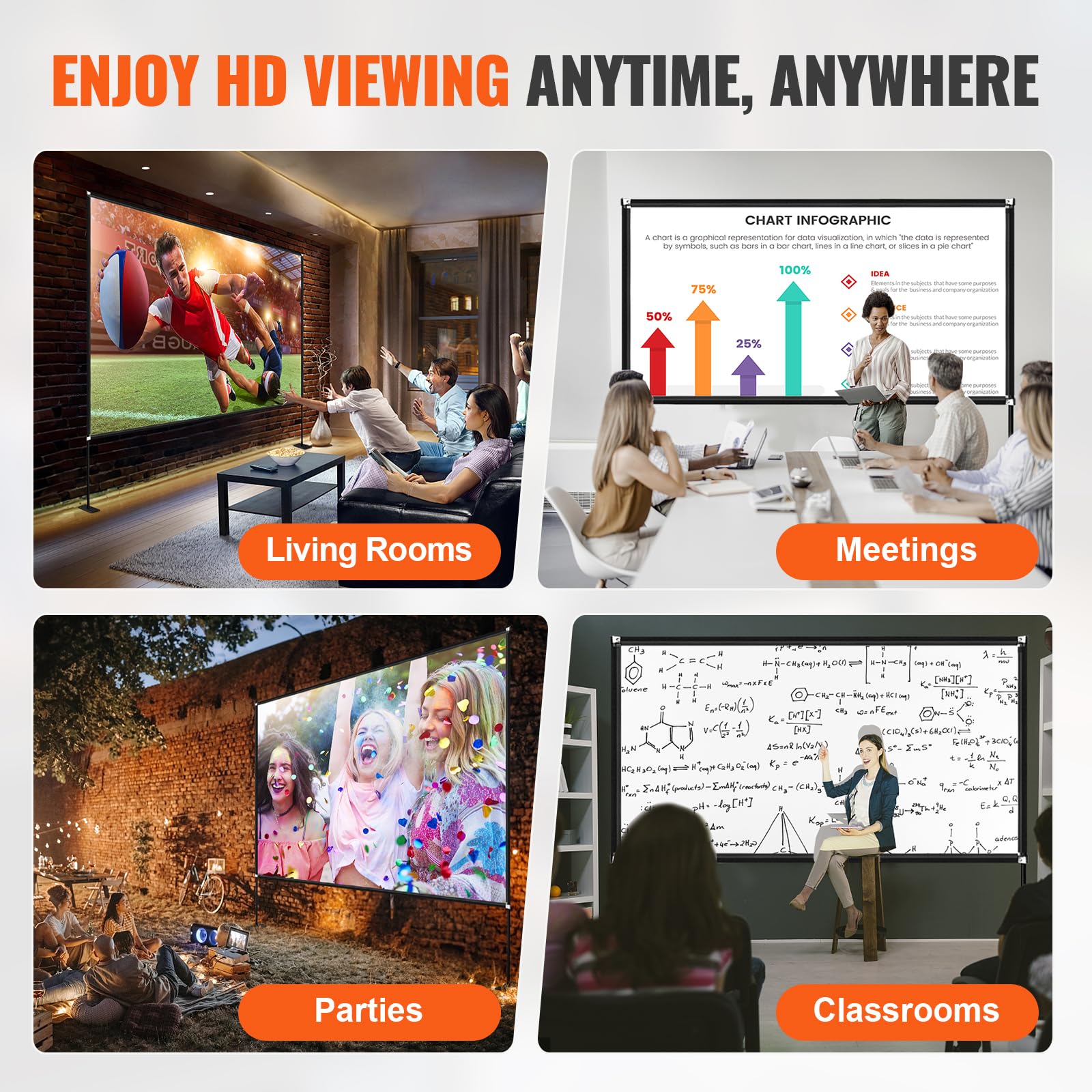 VEVOR 180-Inch Portable Projector Screen with Stand - 16:9 HD 4K Wide Angle Outdoor Movie Screen, Easy Assembly & Storage Bag - Perfect for Backyard Movie Nights, Home Theater, and Outdoor Events