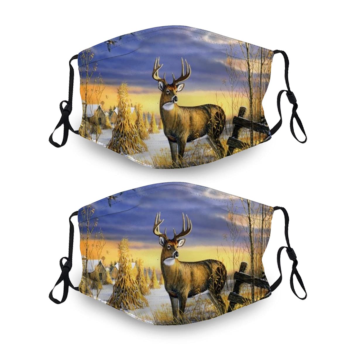 2 Pack Deer Sunset Forest Face Mask with Filters - Washable & Reusable Bandana Balaclava for Men & Women - Outdoor Hiking, Cycling, Camping & Winter Sports Protection