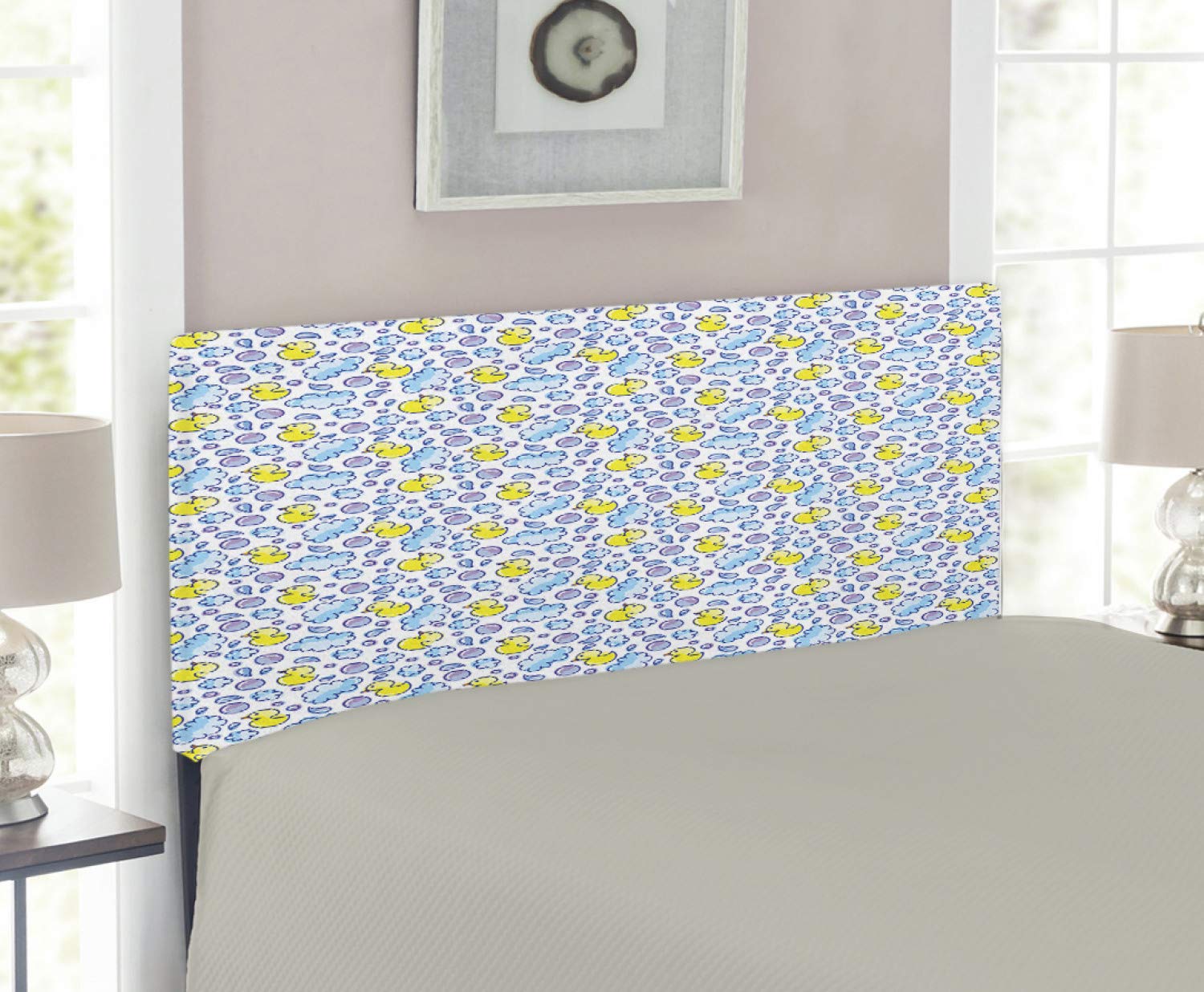 Ambesonne Cartoon Headboard - Watercolor Bubbles & Duck Pattern Upholstered Metal Bed Frame with Memory Foam, Twin Size in Yellow, Lilac & Blue | Perfect for Kids' Rooms & Nursery Decor