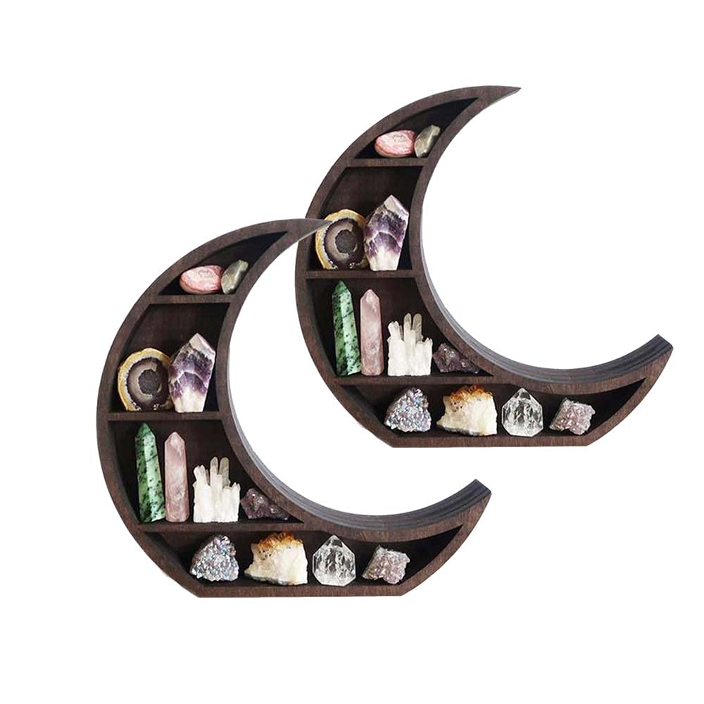 2Pcs Wooden Crescent Moon Wall Shelves - Reversible Essential Oil Holder & 4-Tier Floating Shelves for Jewelry, Crystals, Decor - Perfect for Bedroom, Living Room, Bathroom Organization & Display