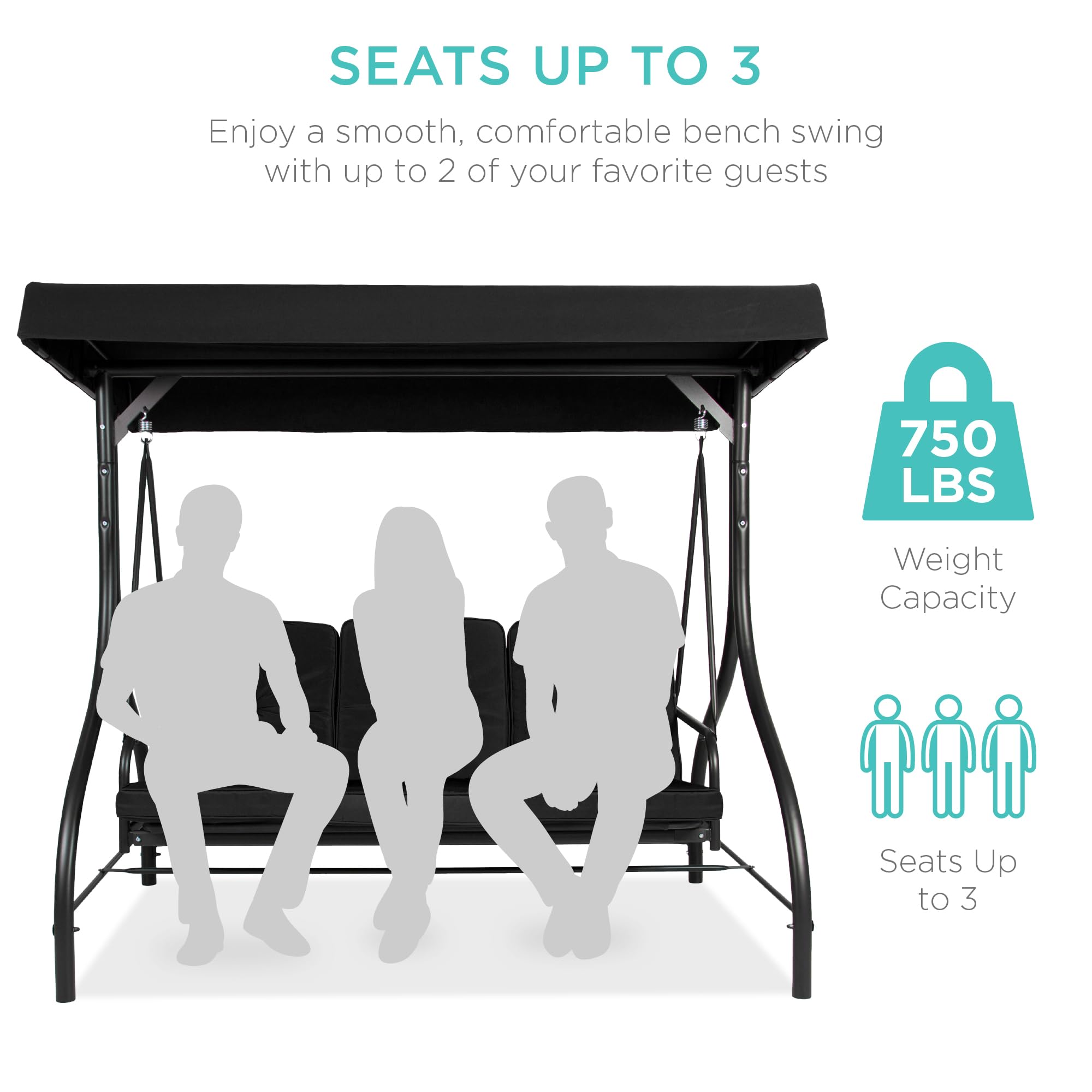Best Choice Products 3-Seat Outdoor Canopy Swing Glider with Adjustable Shade - Patio Hammock Lounge Chair for Porch, Backyard, Garden w/ Removable Cushions & Flatbed - Perfect for Relaxing, Sunbathing & Outdoor Gatherings - Black