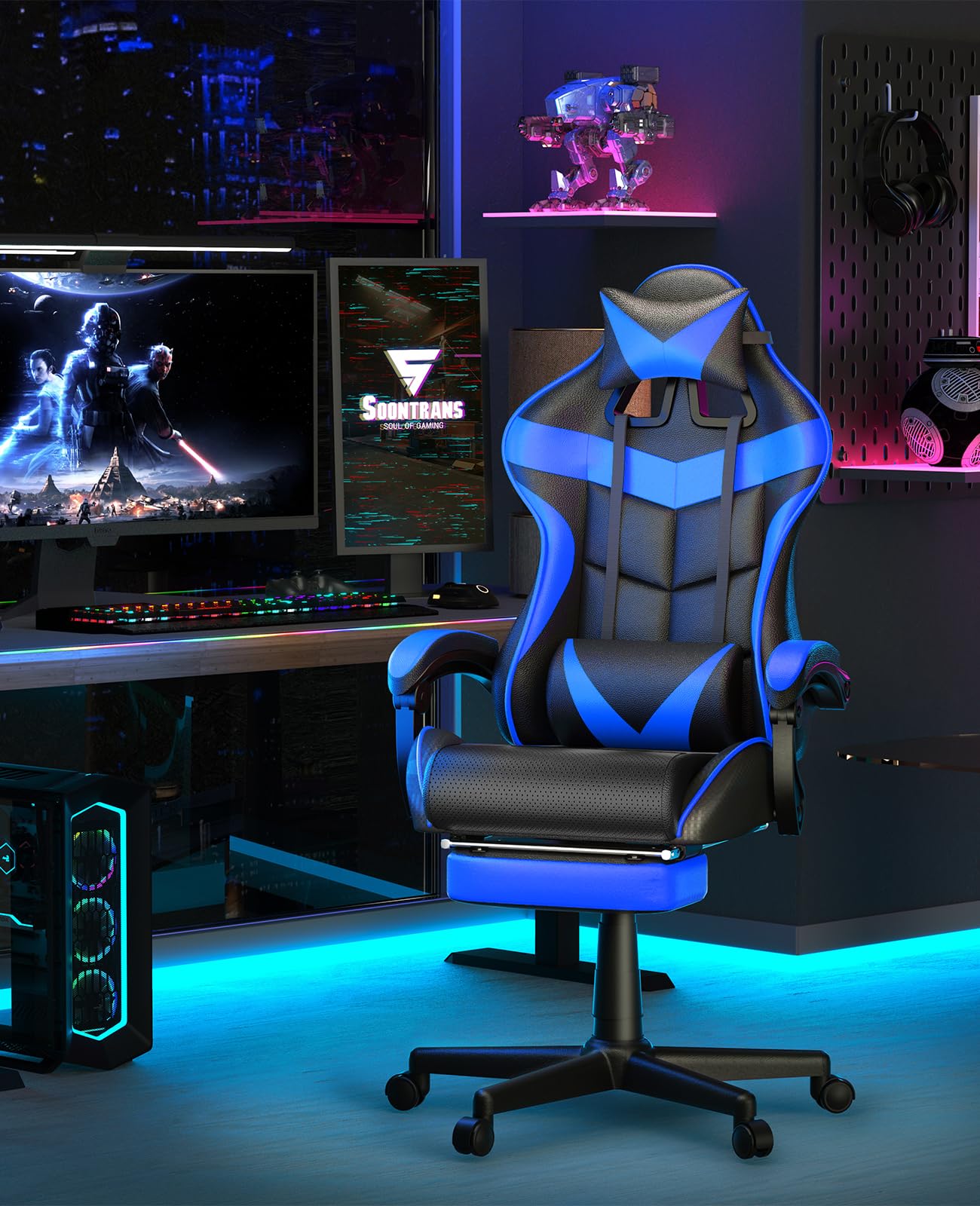 Soontrans Storm Blue Ergonomic Gaming Chair with Adjustable Footrest, Height-Adjustable Headrest & Lumbar Support - Perfect for PC Gaming, Office Work & Home Study - Comfortable Computer Desk Chair for Gamers & Professionals