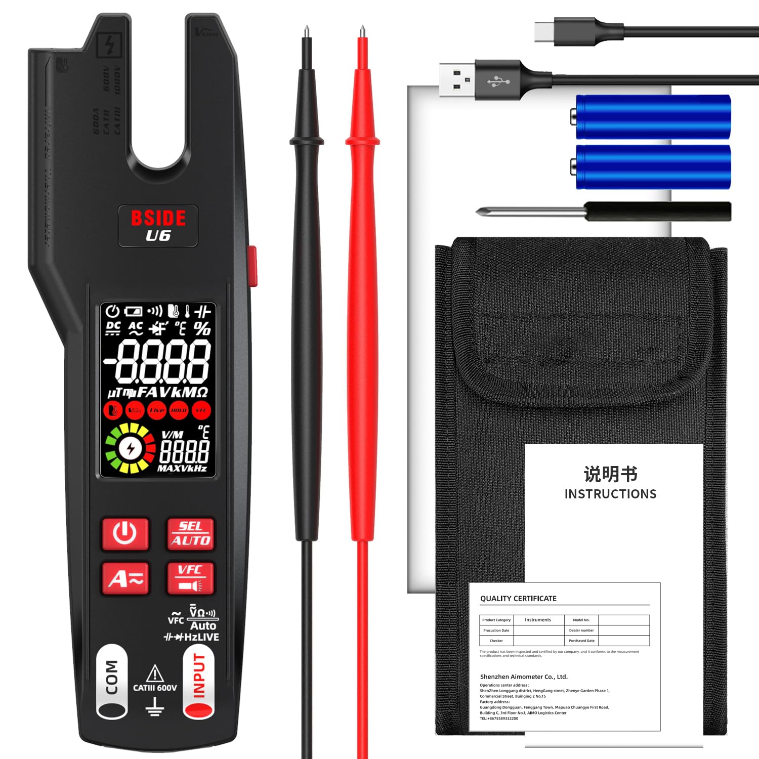 BSIDE Digital Clamp Meter - 9999 Counts Multimeter with AC/DC Current Tester, Infrared Thermometer, VFC Capacitance & Diode Check - Rechargeable Battery for Home Electrical Repair, HVAC & Automotive Diagnostics