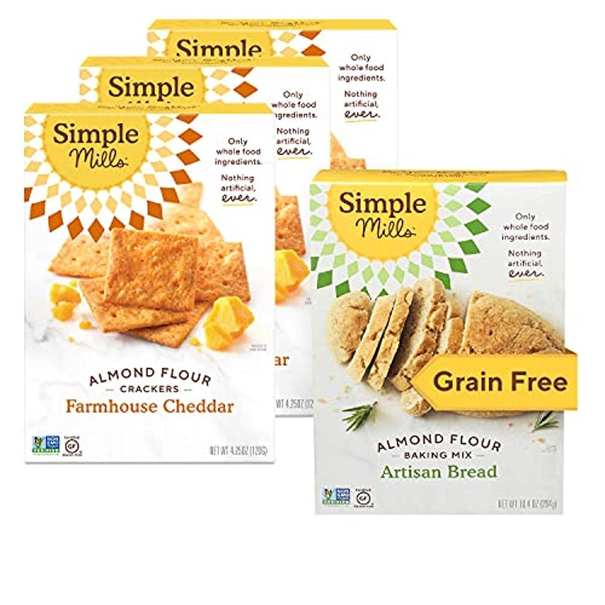 Simple Mills Almond Flour Crackers - Farmhouse Cheddar (3 Pack) & Almond Flour Baking Mix - Artisan Bread (1 Pack) | Gluten-Free Snacks & Baking Essentials for Healthy Living, Keto & Paleo Diets | Perfect for Lunchboxes, Parties & Home Baking