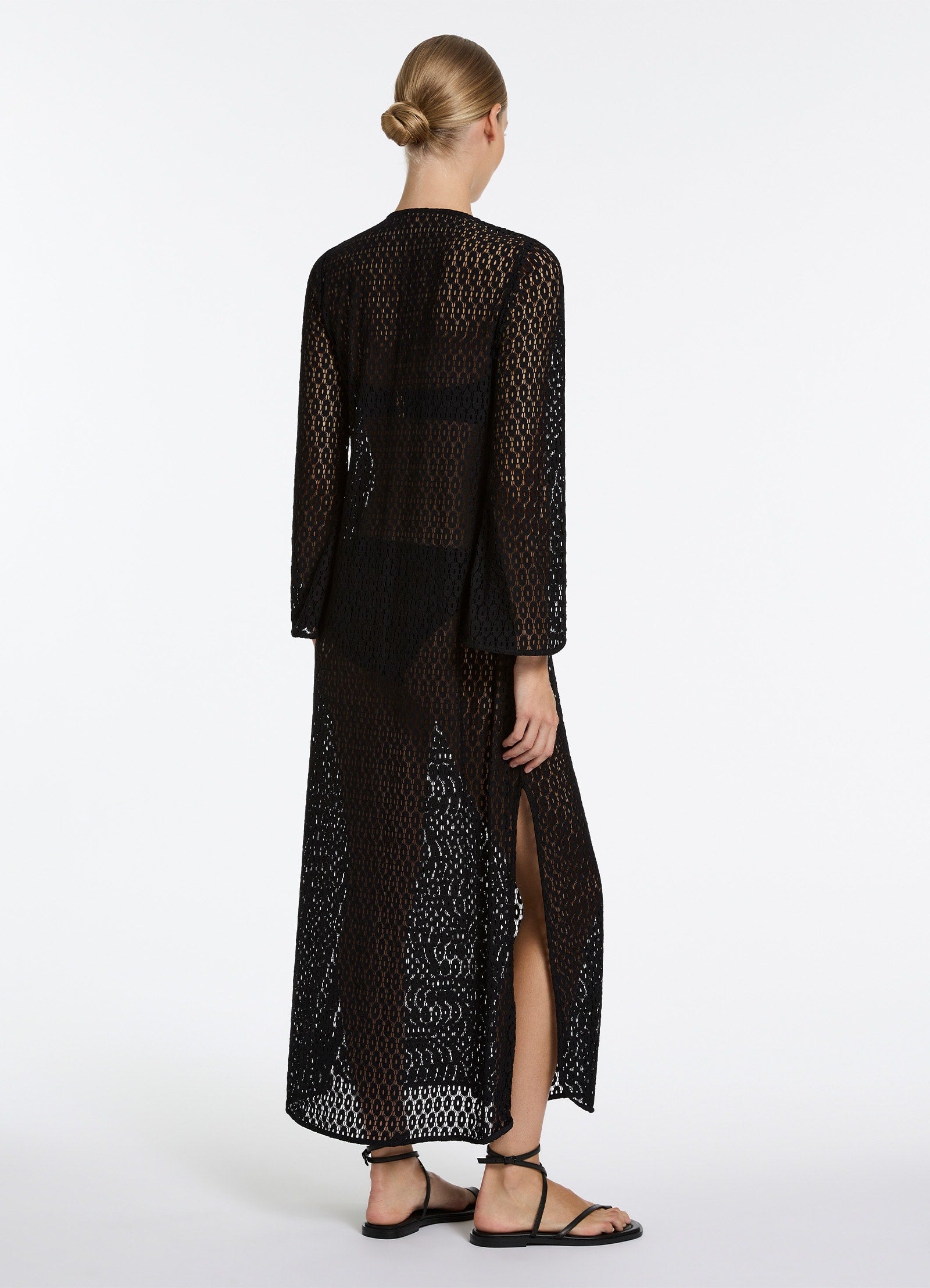 Elegant Black Stretch Lace Maxi Kaftan Dress - Flowy Long Boho Cover Up for Beach, Pool, or Summer Vacation
