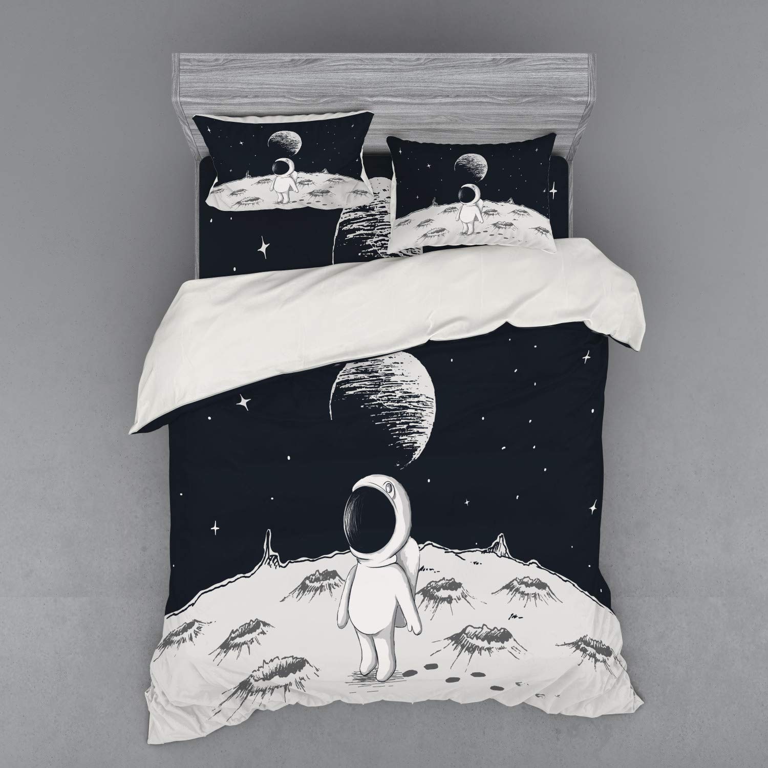 Ambesonne Astronaut Bedding Set - Queen Size 3-Piece Duvet Cover with Sham & Fitted Sheet, Black & White Space Theme with Hand-Drawn Moon Walking Astronaut & Stars - Perfect for Kids' Rooms, Space-Themed Bedrooms & Sci-Fi Decor