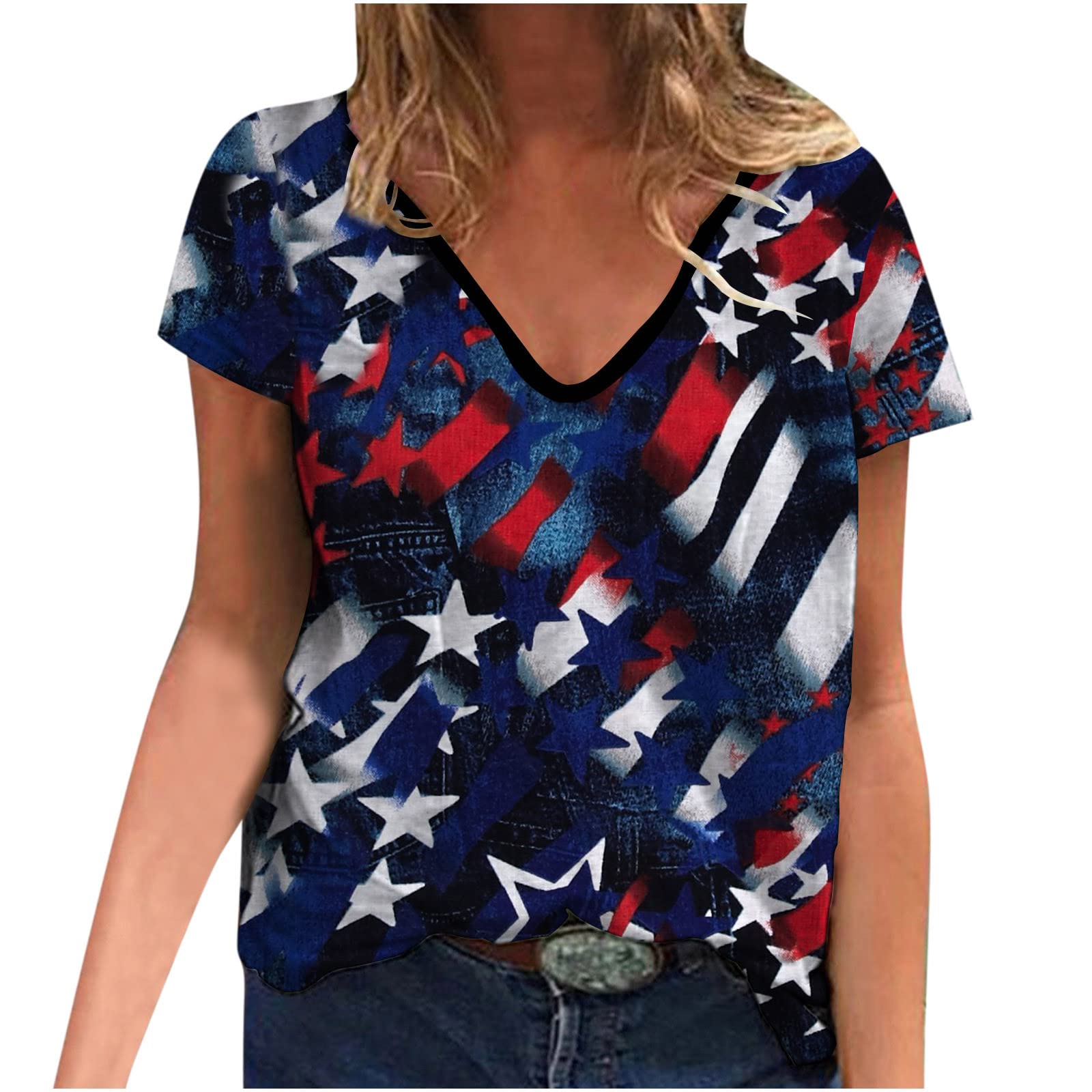 Women's Short Sleeve V-Neck Casual T-Shirts - USA Flag Print Loose Fit Blouses for Independence Day | Perfect for 4th of July Celebrations, Summer Outings & Patriotic Events